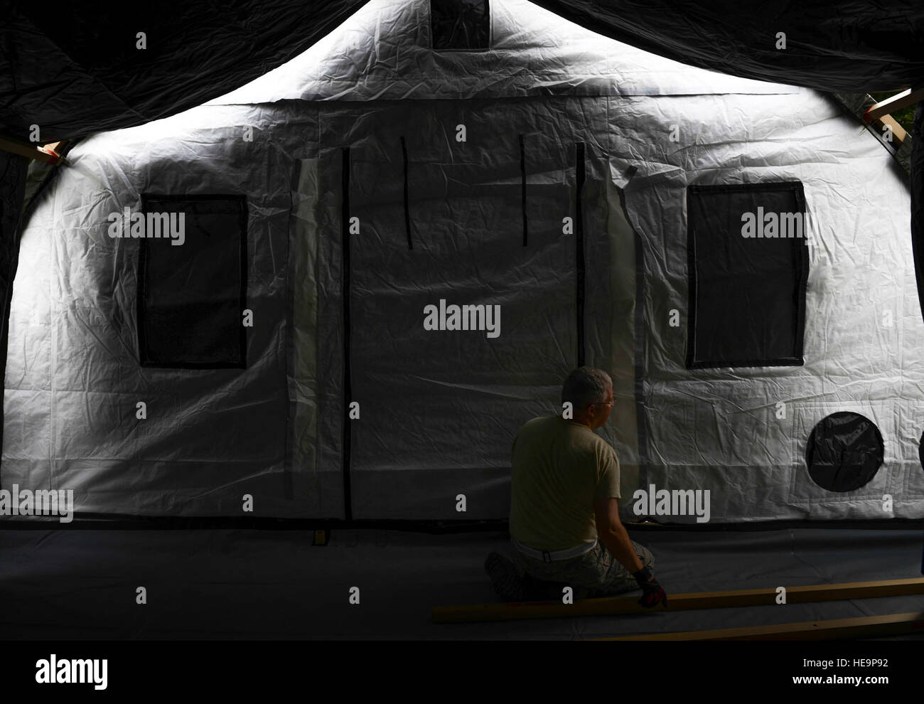 An Expeditionary Medical Support (EMEDS) tent is nearing completion