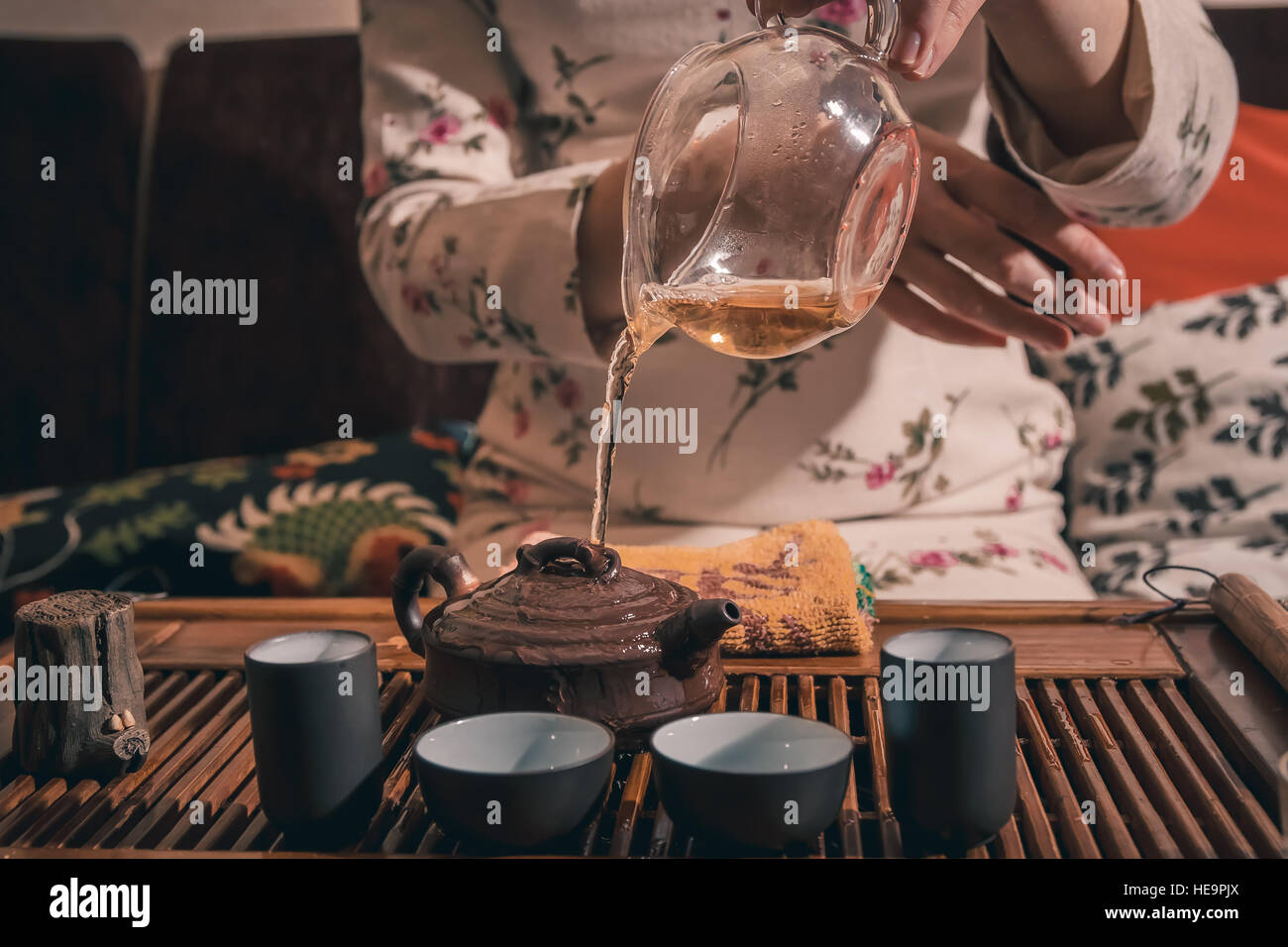 tea ceremony is performed by master Stock Photo