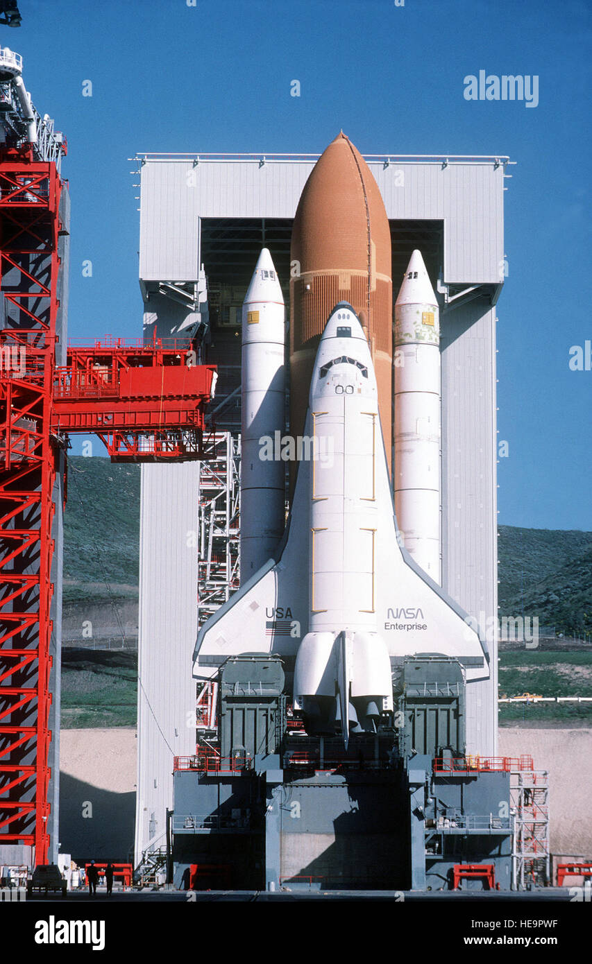 Close-up view of Space Shuttle Enterprise in launch position on the Space  Launch Complex (SLC) #6, commonly known as "SLICK 6", during the  ready-to-launch checks to verify launch procedures. Exact Date Shot