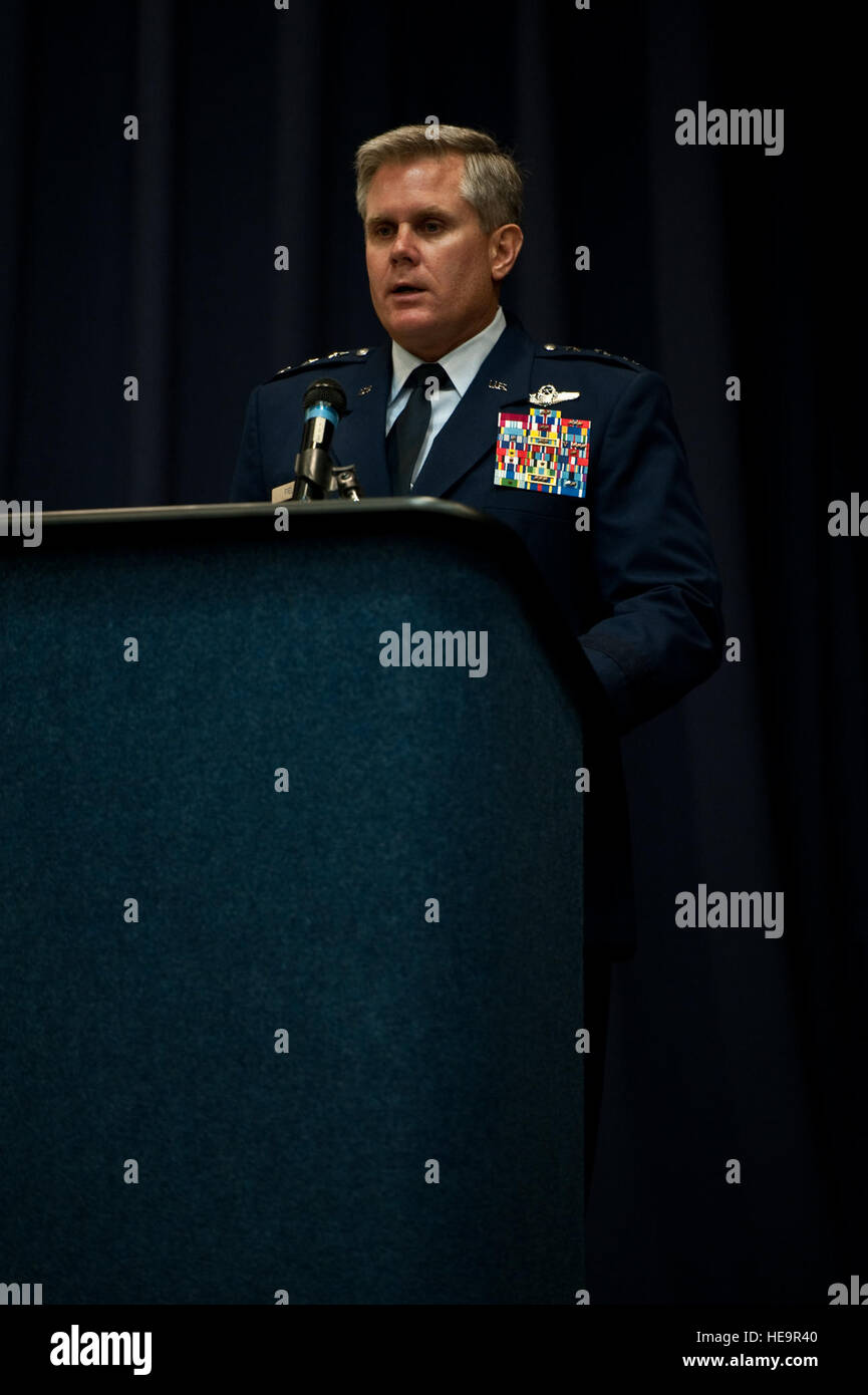 U.S. Air Force Lt. Gen. Eric E. Fiel, commander of Air Force Special Operations Command, speaks during a Silver Star Medal presentation ceremony for Senior Airman Mark Forester at the King Auditorium, Hurlburt Field, Fla., Jun. 15, 2012. Forester was killed in action while serving in Afghanistan Sept. 29, 2010. (U.S. Air Force Photo/Airman 1st Class Hayden K. Hyatt) Stock Photo