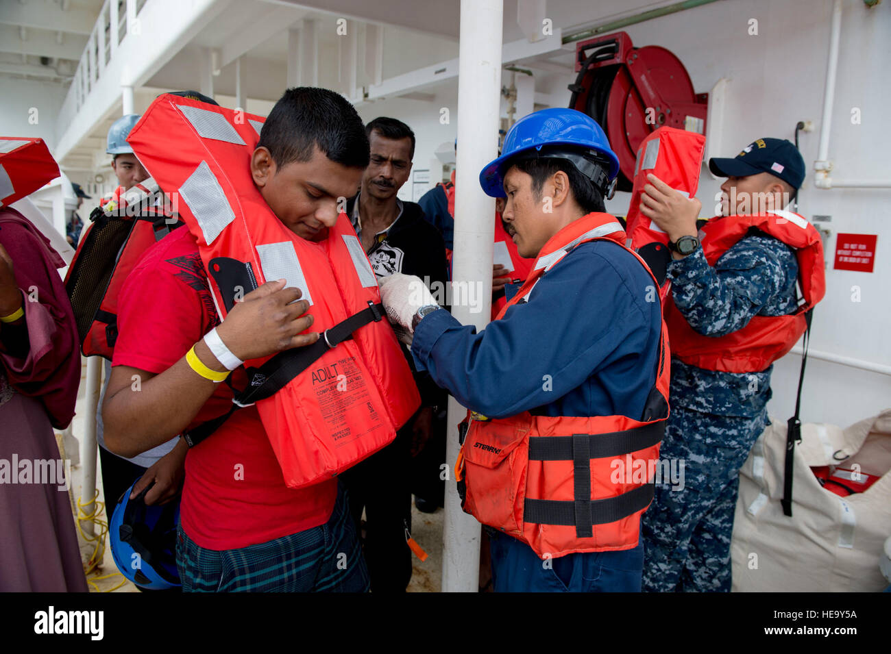 SAVUSAVU, Fiji (June 18, 2015) Winfred Abante, an ordinary seaman with the Military Sealift Command, prepares Fijian patients to depart the hospital ship USNS Mercy (T-AH 19) during Pacific Partnership 2015. Patients returned to shore after receiving medical treatment aboard. Mercy is currently in Savusavu, Fiji, for the first mission port of PP15. Pacific Partnership is in its 10th iteration and is the largest annual multilateral humanitarian assistance and disaster relief preparedness mission conducted in the Indo-Asia-Pacific region. While training for crisis conditions, Pacific Partnership Stock Photo