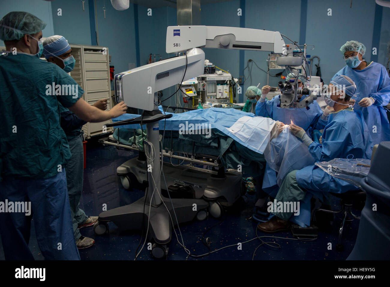 SAVUSAVU, Fiji (June 13, 2015) Navy surgeons aboard the hospital ship USNS Mercy (T-AH 19) perform cataract surgery on a Fijian patient during Pacific Partnership 2015. Mercy is currently in Savusavu, Fiji, for PP15. Pacific Partnership is in its 10th iteration and is the largest annual multilateral humanitarian assistance and disaster relief preparedness mission conducted in the Indo-Asia-Pacific region. While training for crisis conditions, Pacific Partnership missions to date have provided real world medical care to approximately 270,000 patients and veterinary services to more than 38,000  Stock Photo