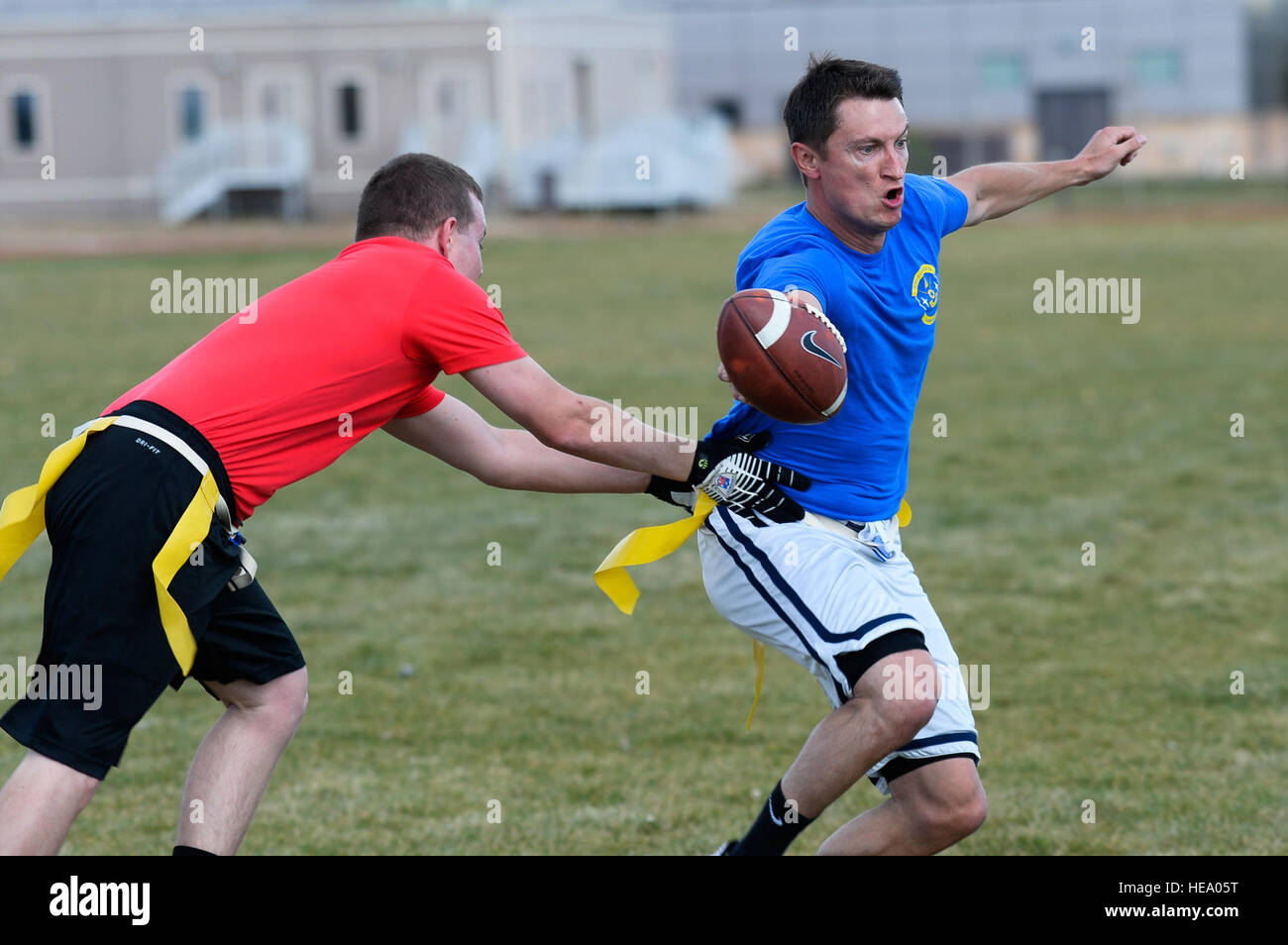 SCHRIEVER AIR FORCE BASE, Colo. -- Josh Print, 1st Space Operations Squadron, reaches the ball across the goalline just before his flag is pulled during the intramural flag football championship game at Schriever Air Force Base, Colorado, Thursday, Oct. 13, 2016. Print accounted for all five 1 SOPS touchdowns, one rushing and four passing, to lead his team to a 35-18 victory over the 3rd Space Operations Squadron. Christopher DeWitt) Stock Photo