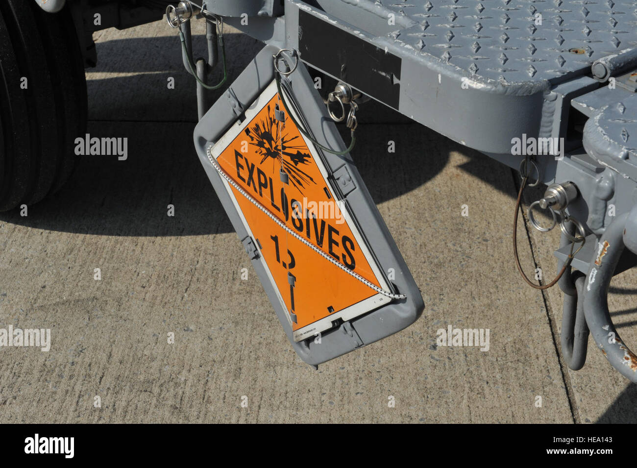 A munitions trailer displays an explosives sign on Hurlburt Field, Fla., Dec. 6, 2013. The sign is displayed to warn personnel of its explosive contents. Staff Sgt. John Bainter) Stock Photo