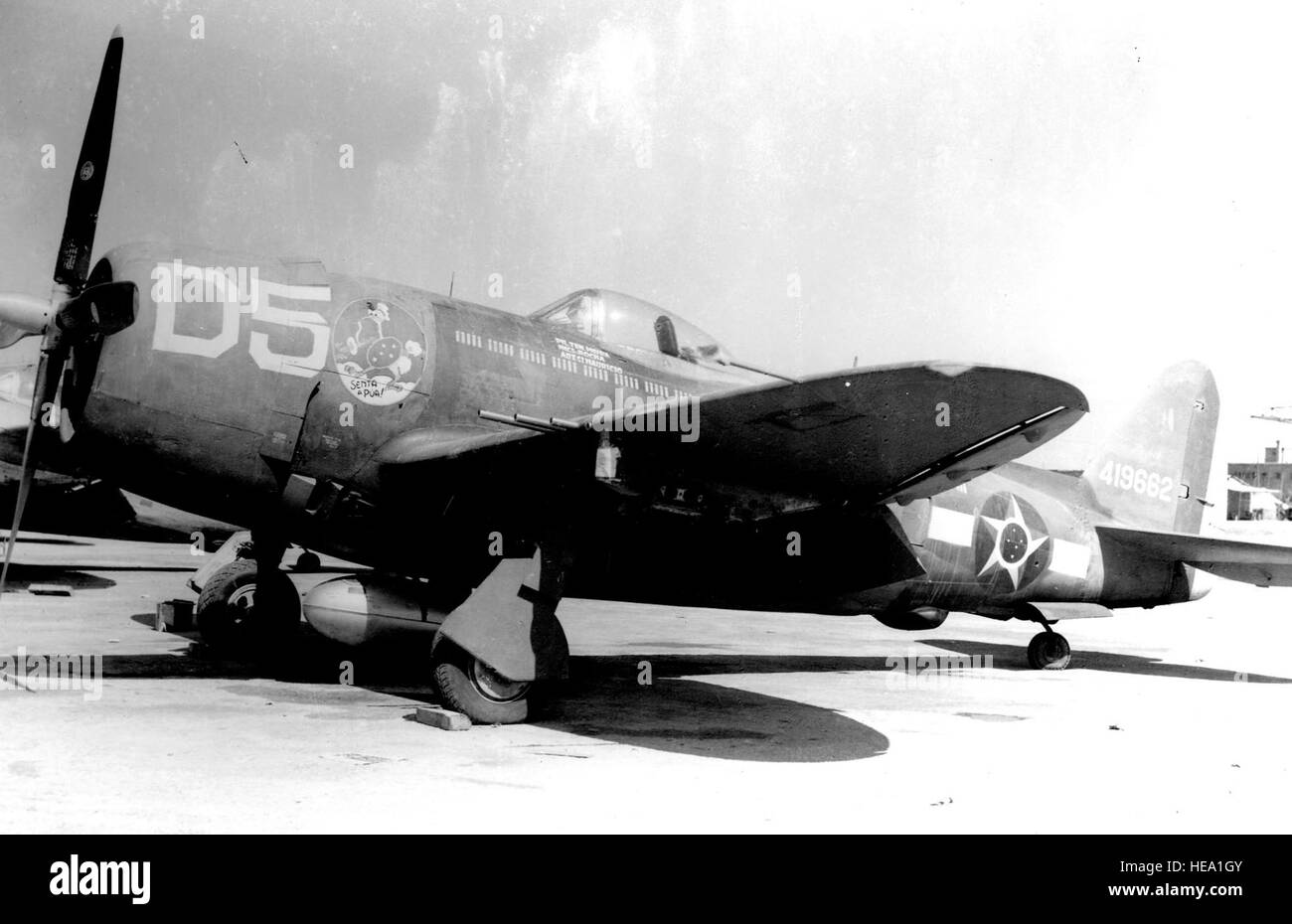 1º GAC P-47s carried the Senta a Pύa! emblem as nose art along with the national insignia of Brazil. (U.S. Air Force photo) Stock Photo