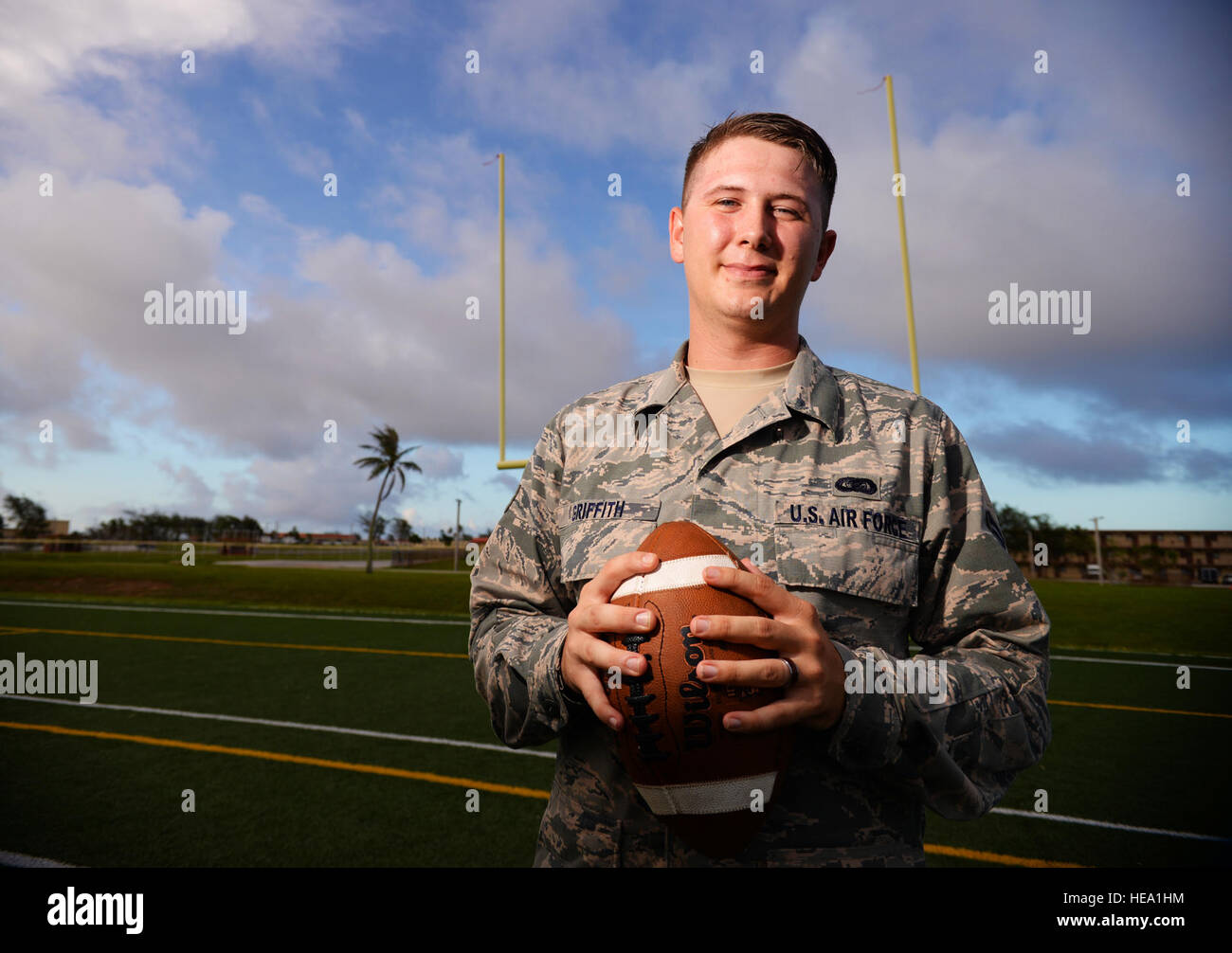 Senior Airman Presley Griffith, 36th Mobility Response Squadron executive assistant, offers a free football spring practice camp as volunteer coach at Andersen Air Force Base, Guam. A former high school quarterback, Griffith is working toward his goal of becoming a high school football coach.  Senior Airman Alexander W. Riedel Stock Photo