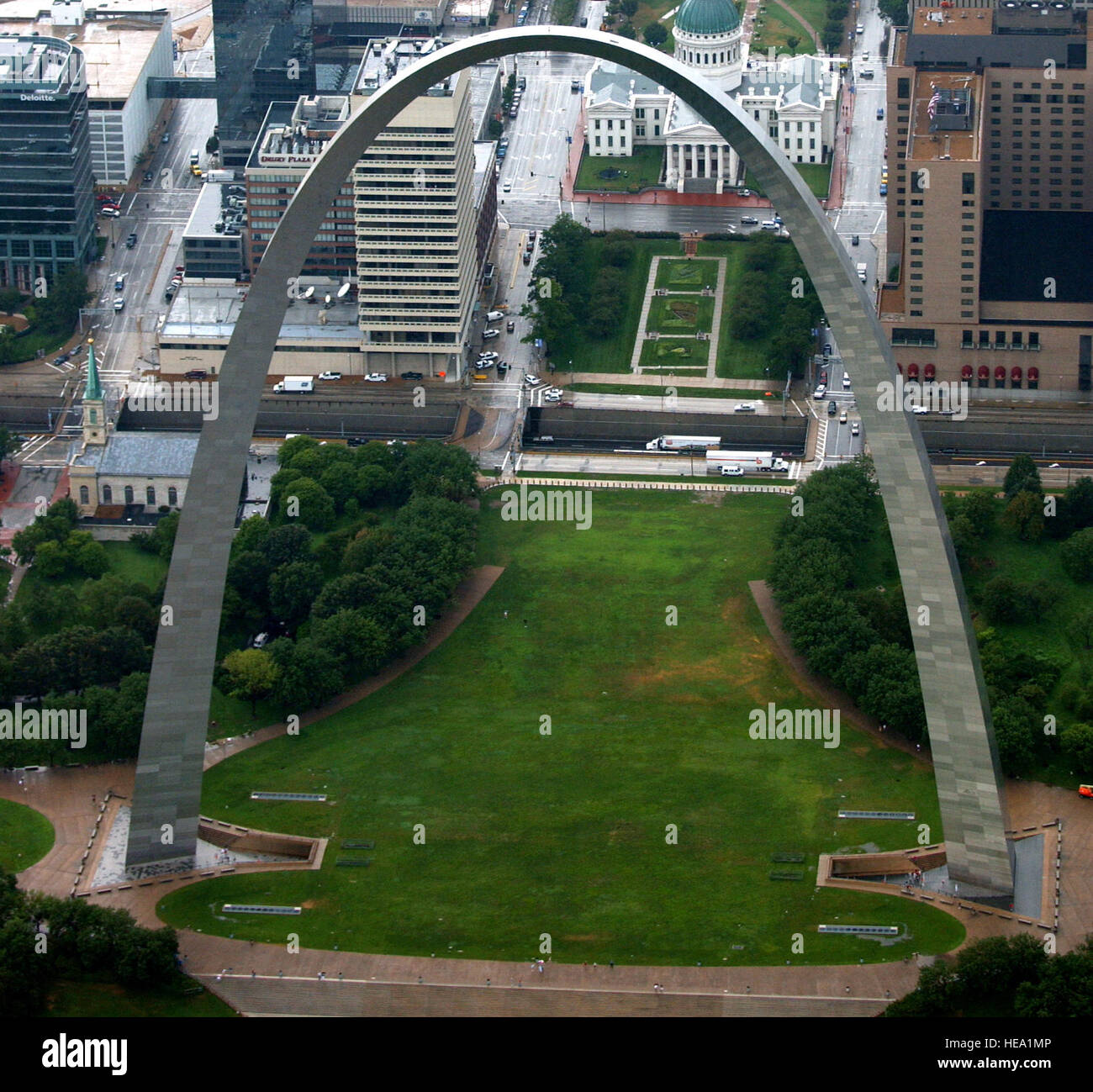 The B2 Stealth Bomber with the 509th Bomb Wing stationed at Whiteman AFB, MO flies over the St
