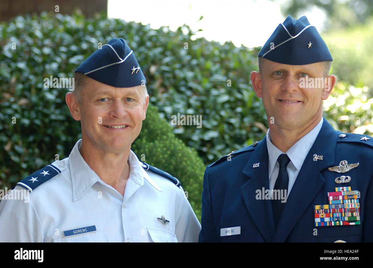LANGLEY AIR FORCE BASE, Va. -- Maj. Gen. Stanley Gorenc (left) and his brother, Brig. Gen. Frank Gorenc, are two of 271 general officers in the active-duty Air Force of more than 350,000.  The two-star general is director of operational capabilities requirements in Washington, and his younger brother will be the 332nd Air Expeditionary Wing commander at Balad Air Base, Iraq.   Airman 1st Class Samantha Willner) Stock Photo