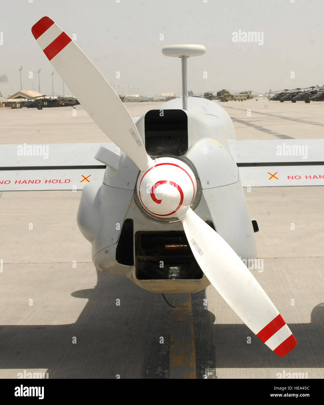 BAGRAM AIR FIELD, Afghanistan - A rear view of a French Unmanned Arial Vehicle, from the French UAV Squadron. The French UAV is very similar to the MQ-1 Predator.(U.S. Air Force Photo/Senior Airman Felicia Juenke) Stock Photo