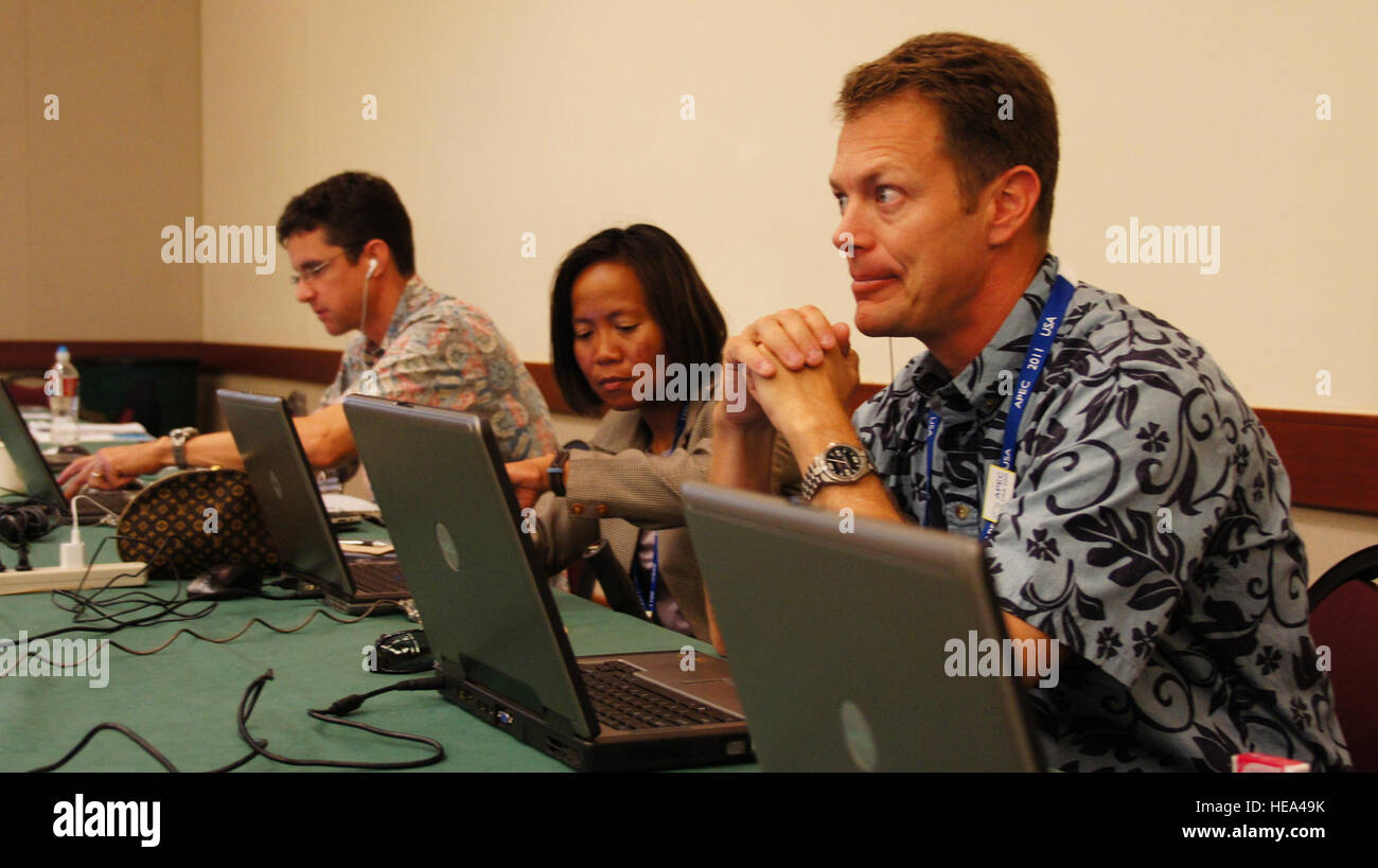 Airmen from throughout the Hawaii Air National Guard Provide Logistical support for the Asian Pacific Economic Cooperation, in the form of liaison officers, working with drivers and ministry staff to plan routes to safely and timely transport their assigned ministers to and from their locations. Stock Photo