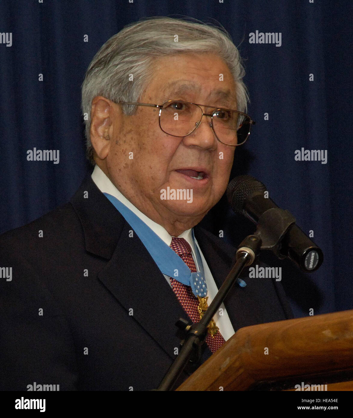 Mr. Hiroshi H. Miyamura speaks at the Asian Pacific American Heritage Month Luncheon on Holloman Air Force Base, N.M., May 22. Mr. Miyamura is a Medal of Honor recipient for his actions during the Korean War. Airman 1st Class Michael Means) Stock Photo