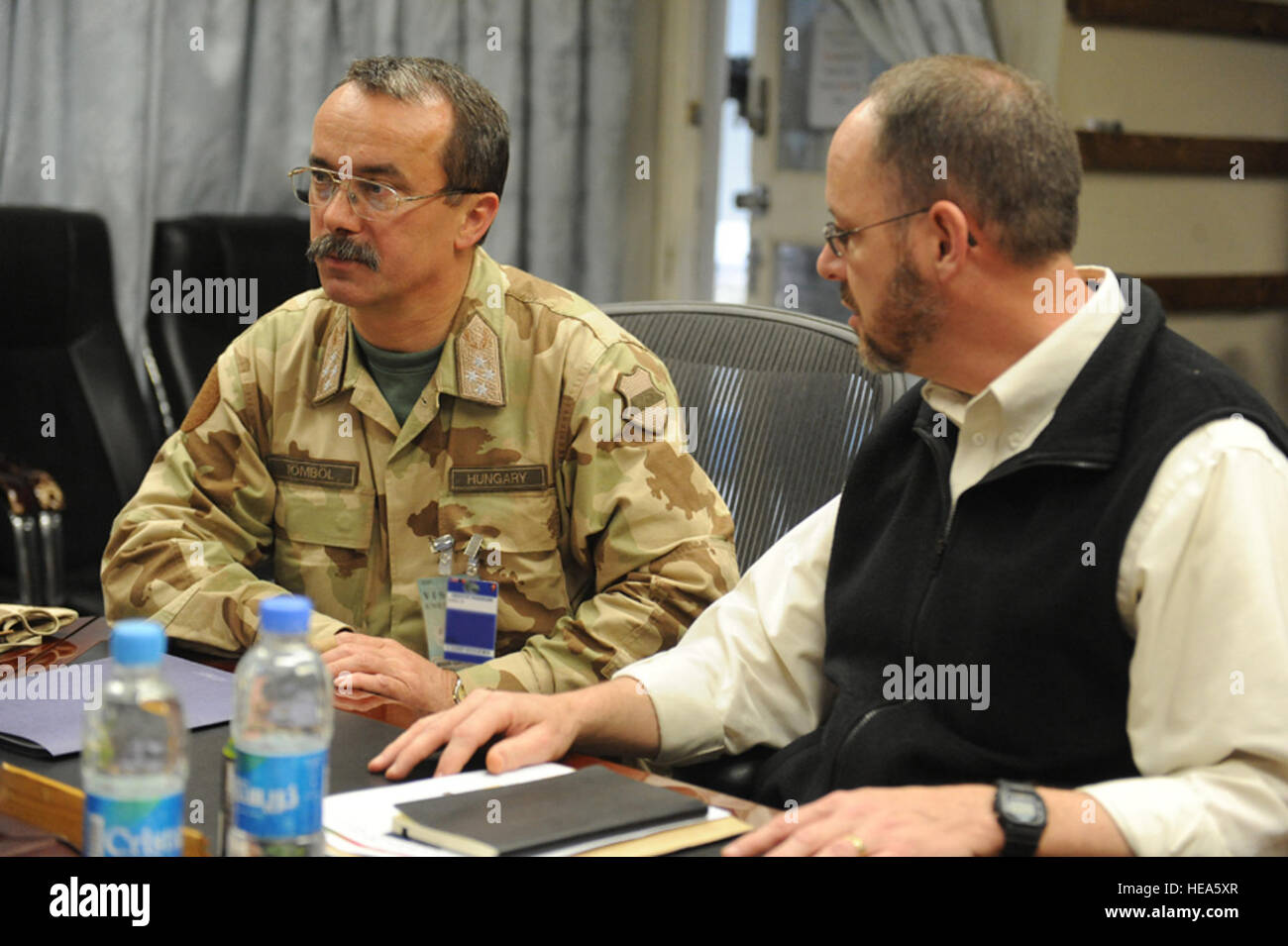 100516-F-5561D-002 Kabul - Hungarian Chief of Staff Gen. Laszlo Tombol meets Dr. Jack D. Kem, Deputy to the Commander, NATO Training Mission - Afghanistan (NTM-A) / Combined Security Transition Command - Afghanistan (CSTC-A) at Camp Eggers on May 16, 2010. Gen. Tombol visited Camp Eggers to attend an operations brief. Senior Airman Matt Davis) Stock Photo