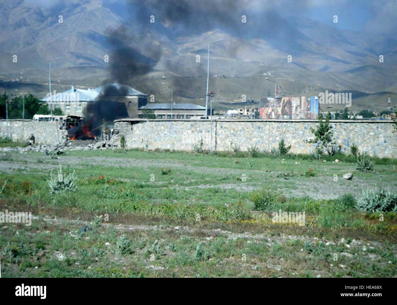 View from an Afghan National Army Air Corps Mi-17 helicopter of site where suicide vehicle borne improvised explosive device detonated in Kabul, Afghanistan on May 18, 2010.  Lt. Col. Olaf Holm). Stock Photo
