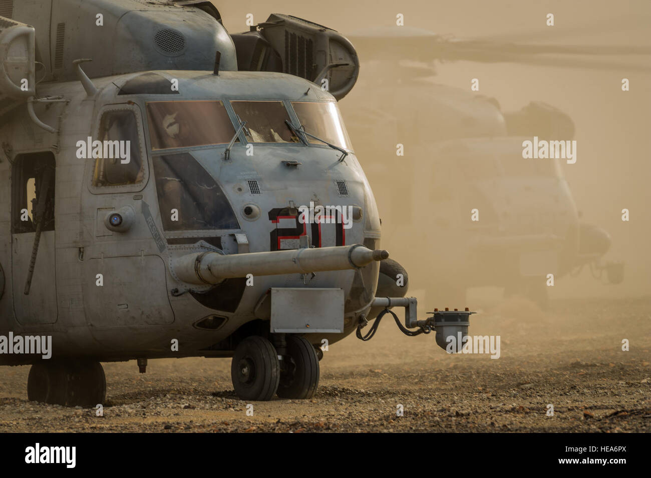 Two U.S. Marine Corps CH-53E Super Stallion helicopters land during Integrated Training Exercise 2-15 at Marine Corps Air Ground Combat Center Twentynine Palms (MCAGCC), Calif., Jan. 25, 2015. MCAGCC conducts relevant live-fire combined arms training, urban operations, and joint/coalition level integration training that promotes operational forces' readiness.  Master Sgt. John R. Nimmo Sr. Stock Photo