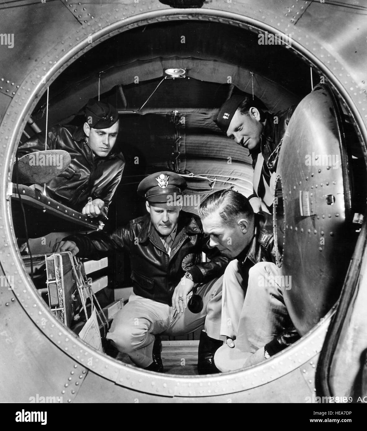 Interior photo of the B-29 Superfortress bomber. June 1944 Shown is the rear pressurized cabin, equipped with four bunks to give crew members a chance for rest on a long mission.  This is an important factor in combating flight fatigue.  The B-29 was first reported in action on June 5, 1944, in an attack on railway yards at Bangkok, Siam, and on June 15 the first raid was made in Japan from bases in China. Following that date, attacks on the Japanese mainland were steadily stepped up, mainly from bases in the Marianas and in Guam, with forces up to 450 and 500 Superfortresses. Stock Photo