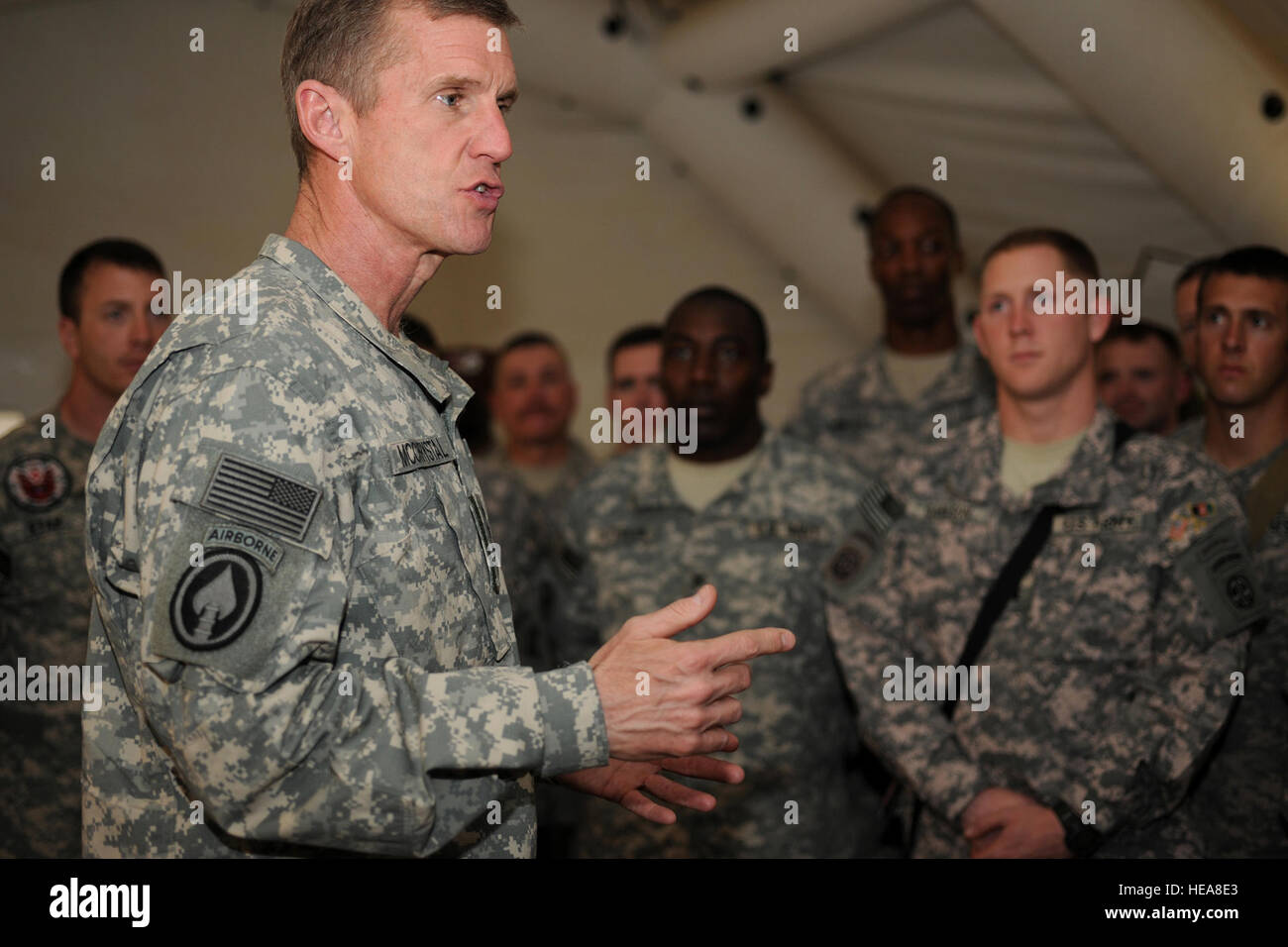The International Security Assistance Force (ISAF) Commander, U.S. Army Gen. Stanley McChrystal, addresses coalition forces assigned to Forward Operating Base (FOB) Farah, Afghanistan, Jan. 22, 2010, during his visit to several locations throughout Regional Command West (RC-West). “You are a long way from home,” Gen. McChrystal said. “You’re probably a long way from anywhere you thought you’d ever be, but you’re probably not a long way from what you thought you’d do in life. Because you thought you’d do something for other people and you’re doing something for other people. You are doing somet Stock Photo