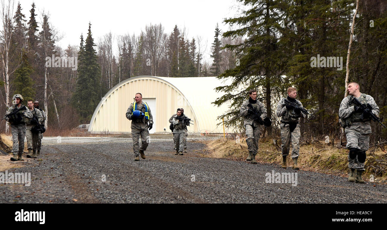 Members of the 673rd Security Forces Squadron patrol the area in a staggered column formation during force-on-force training at Camp Mad Bull on Joint Base Elmendorf-Richardson, Alaska, April 27, 2015. The training is an annual requirement for all security forces personnel. Staff Sgt. Sheila deVera) Stock Photo