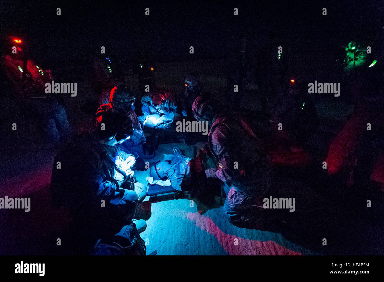 U.S. Air Force tactical critical care expeditionary team – enhanced (TCCET-E) and aeromedical evacuation personnel triage simulated patients on landing zone Geronimo at Joint Readiness Training Center (JRTC), Fort Polk, La., Jan. 18, 2014. Service members at JRTC 14-03 are educated in combat patient care and aeromedical evacuation in a simulated combat environment.  Master Sgt. John R. Nimmo, Sr./) Stock Photo