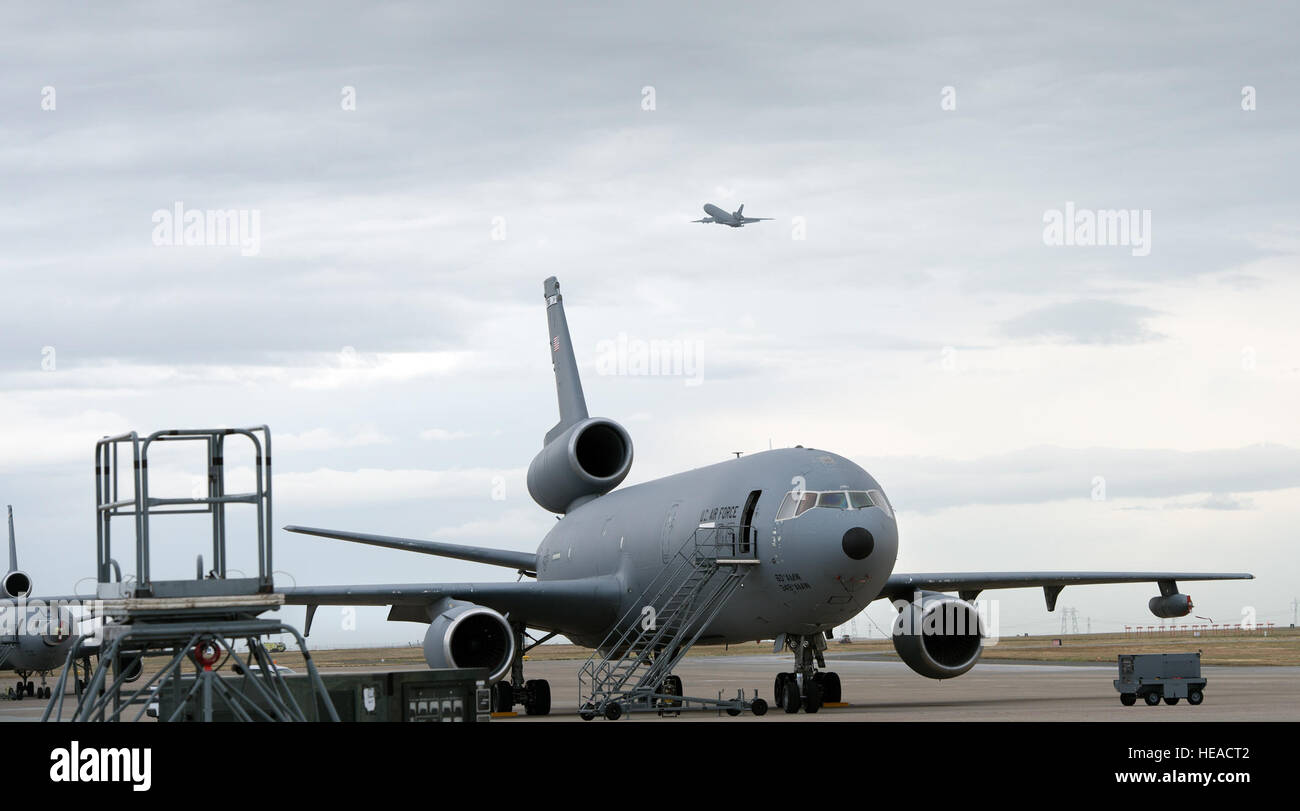 A KC-10 Extender is photographed at Travis Air Force Base, Calif., May 7, 2015. The KC-10 plays a key role in the mobilization of U.S. military assets, taking part in overseas operations far from home. These aircraft performed airlift and aerial refueling during the 1986 bombing of Libya (Operation Eldorado Canyon), the 1990-91 Gulf War with Iraq (Operations Desert Shield and Desert Storm), the 1999 NATO bombing of Yugoslavia (Operation Allied Force), War in Afghanistan (Operations Enduring Freedom), and Iraq War (Operations Iraqi Freedom and New Dawn). The KC-10 is expected to serve until 204 Stock Photo