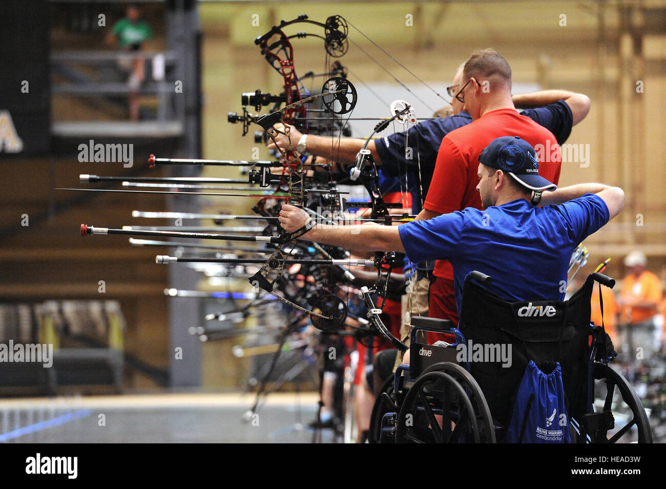 U.S. Air Force Retired Tech. Sgt.  Brian Schaaf from Oxford, England, releases an arrow during the archery competition at the 2016 DoD Warrior Games held at U.S. Military Academy at West Point, N.Y., June 17, 2016. The DoD Warrior Games, June 15-21, is an adaptive sports competition for wounded, ill and injured service members and Veterans. Athletes representing teams from the Army, Marine Corps, Navy, Air Force, Special Operations Command and the United Kingdom Armed Forces compete in archery, cycling, track and field, shooting, sitting volleyball, swimming, and wheelchair basketball. ( Tech. Stock Photo