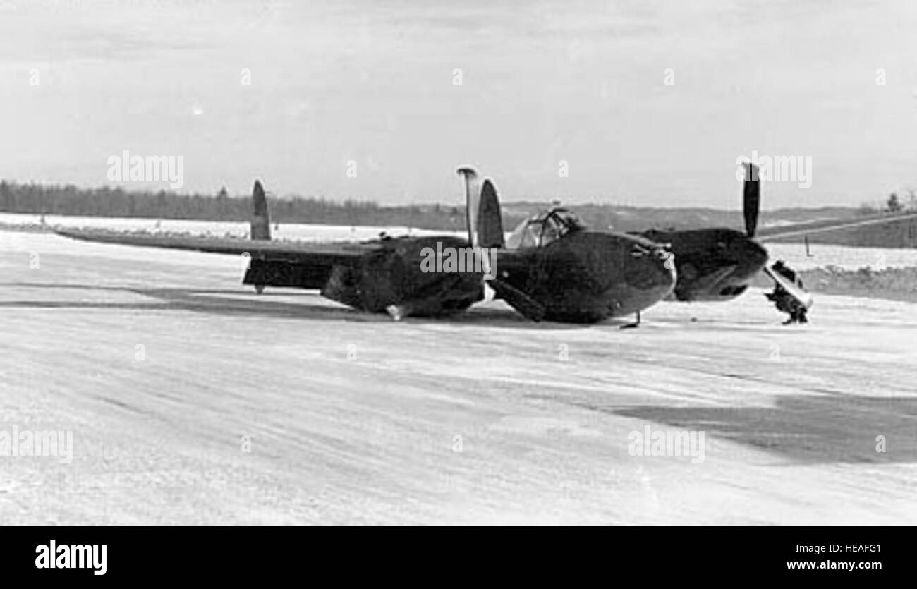 Lockheed P-38G on retractable skis (S/N 42-13444) after gear collapsed ...