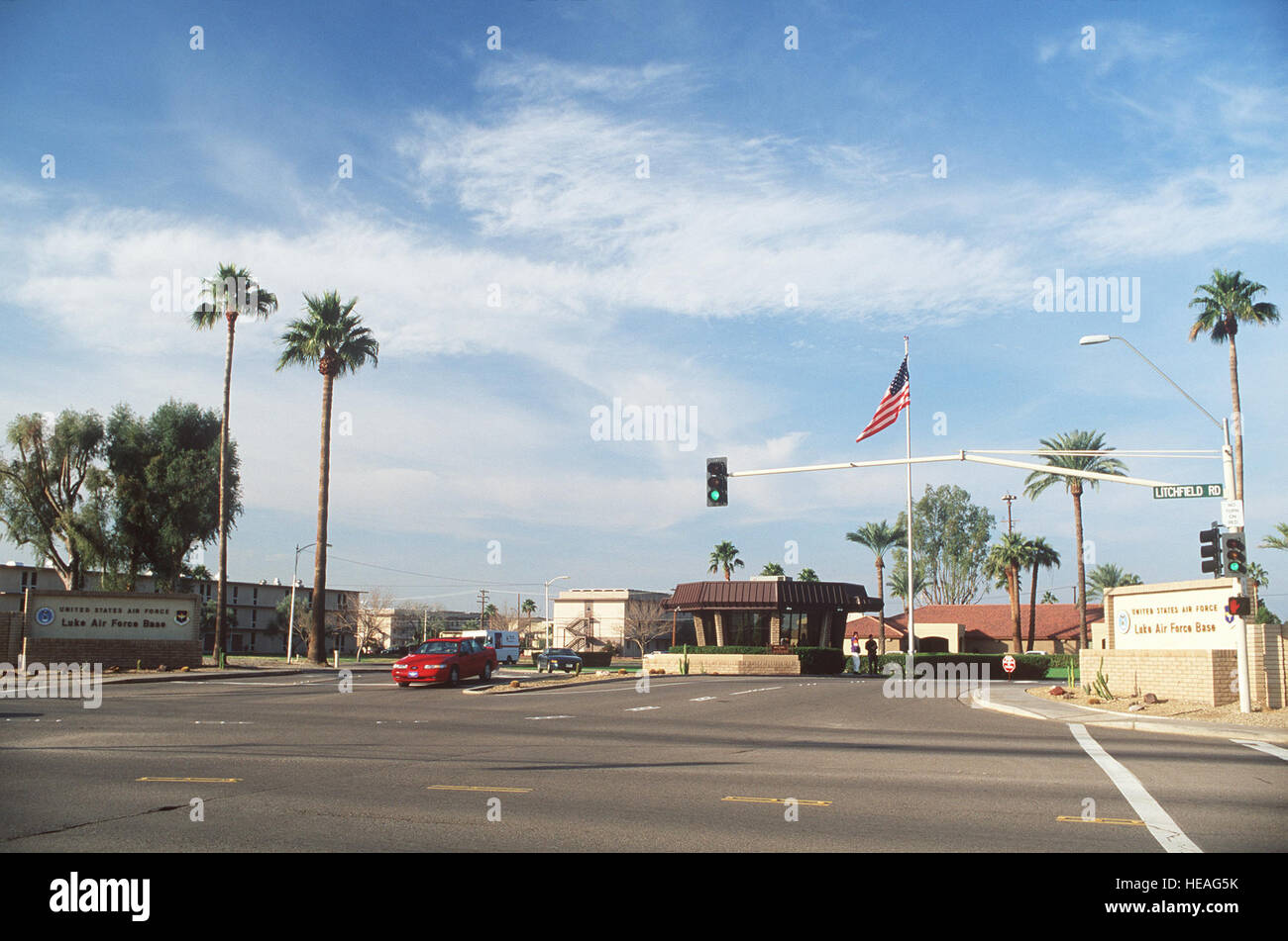 A long-range view of the main gate with the base signs in the ...