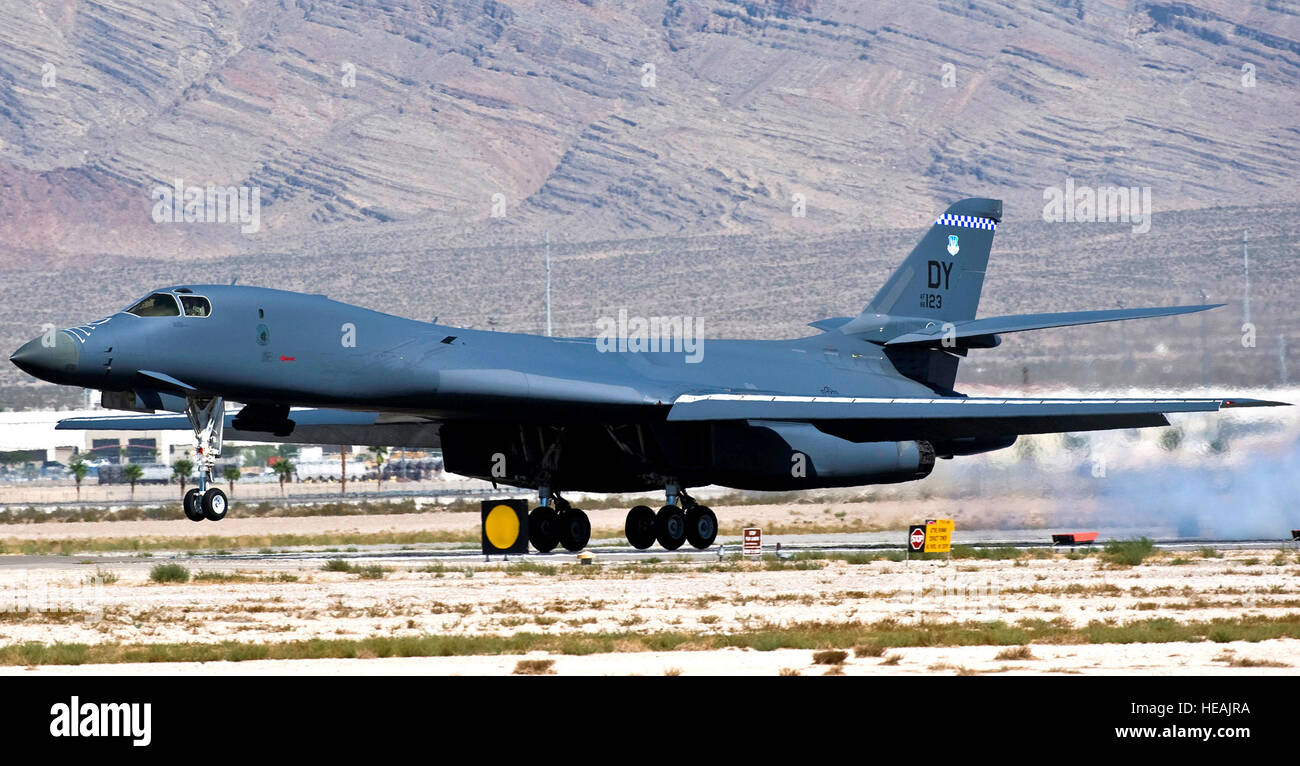 A U.S. Air Force B-1B Lancer from Dyess Air Force Base, Texas, lands after a training mission during Gr Stock Photo