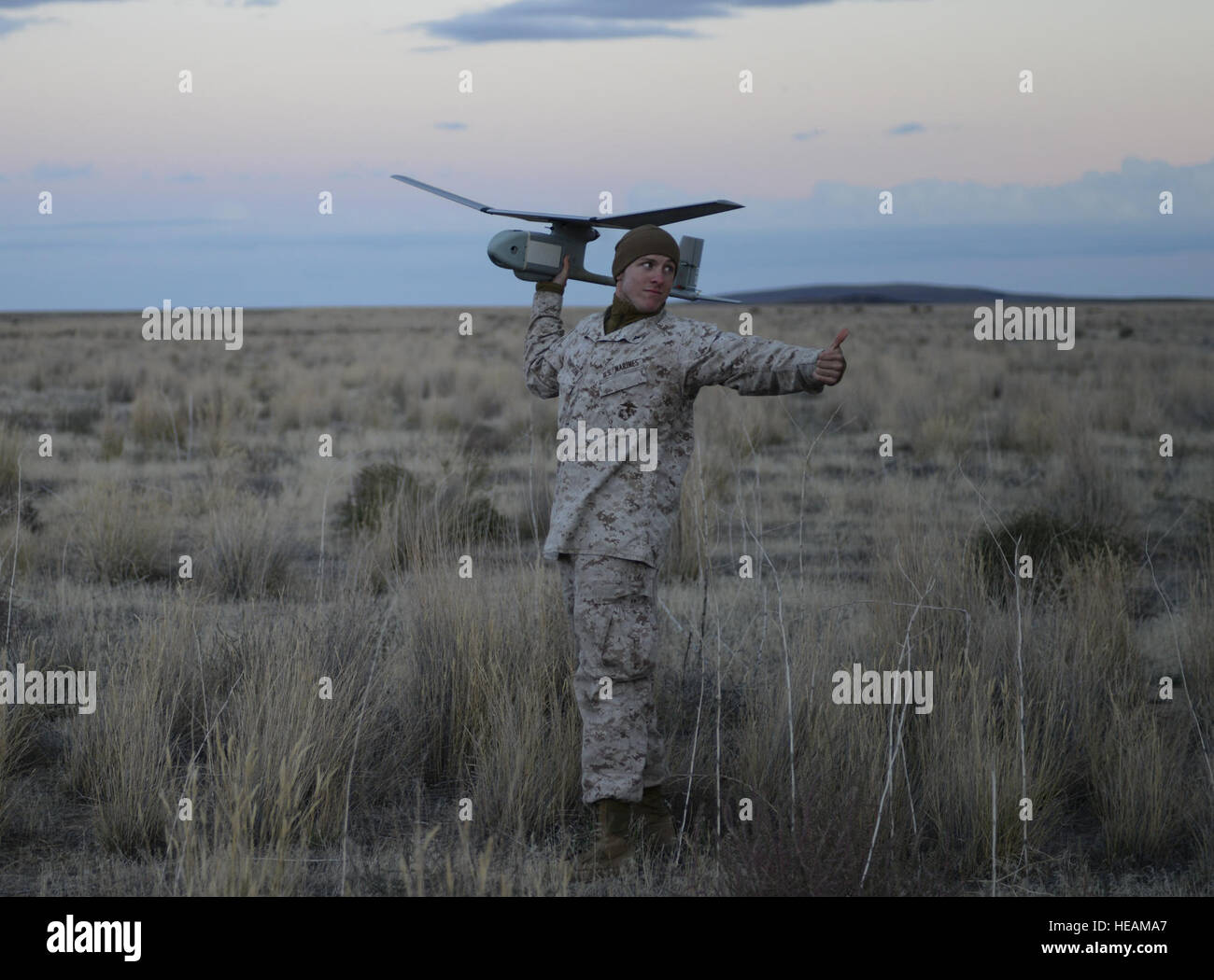 Marine Lance Cpl. Nicholas Thompson, 1st ANGLICO forward observer from Clinton, Iowa, prepares to launch the RQ-11B Raven Oct. 9, 2013, at the Saylor Creek range. The smallest of ANGLICO's unmanned aerial systems, the Raven has a wingspan of 4 feet, 6 inches, weighs 4 pounds, has a flight endurance of 60-90 minutes and an effective operational radius of approximately 6.2 miles.  Senior Airman Benjamin Sutton/) Stock Photo