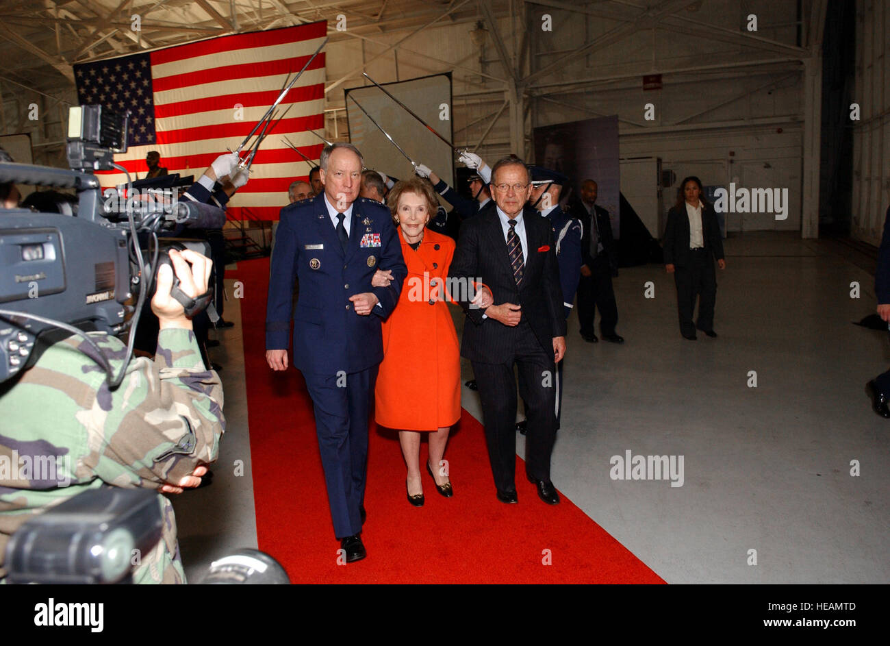 Former First Lady Nancy Reagan is escorted by Lt. Gen. Frank G. Klotz ...