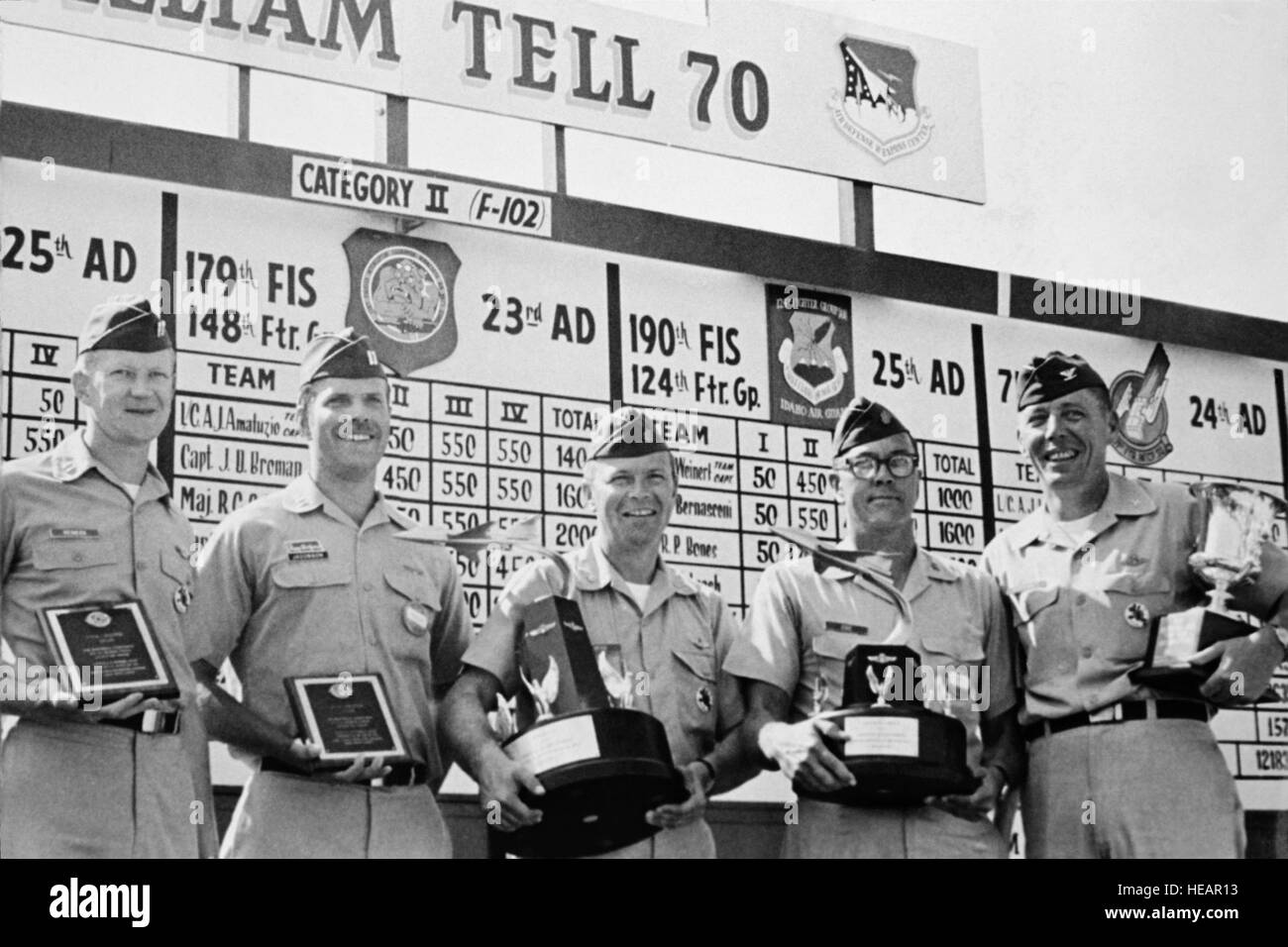 U.S. Air Force personnel assigned to the 119th Fighter Wing 'Happy Hooligans', North Dakota Air National Guard, pose for a photo with winning trophies at the 1970 ' William Tell' Weapons Competition at Tyndall, Air Force Base, Fla. Left-to-right are Capt. James P. Reimers, Capt. Arthur E. Jacobson, Maj. Wallace D. Hegg, Maj. Allan B. Eide, and Col. Alexander P. Macdonald. (A3604) (U.S. Air Force Photo) (Released) Stock Photo