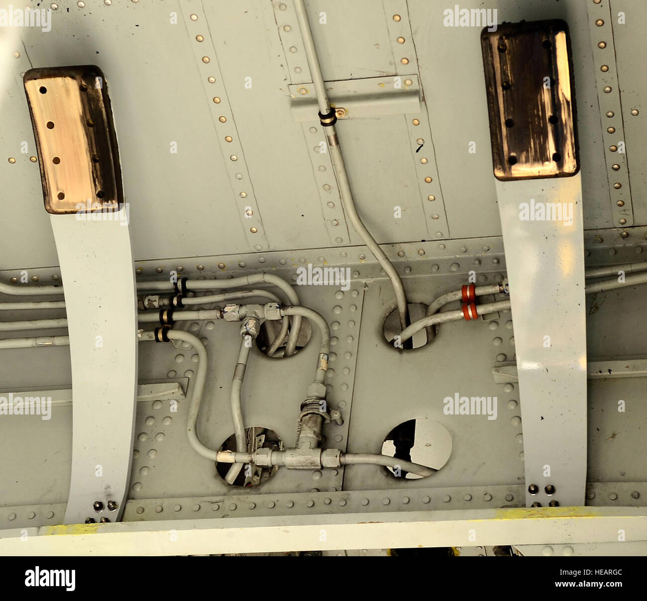 Two snubber brakes sit on a KC135 Stratotanker aircraft at MacDill Air