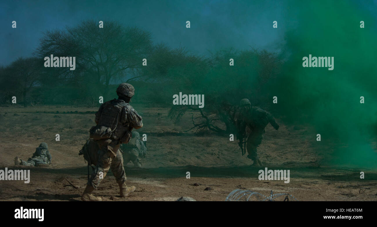 Soldiers from Alpha Company,1st Armored Battalion, 77th Armored Regiment 3rd Armored Brigade Combat Team, 1st Armored Division, East Africa Response Force (EARF) use smoke grenades to provide concealment and obscure their position while breaching a perimeter during a live fire training exercise at the Arta training range in Djibouti, May 30, 2015. The EARF is a quick reaction force designed to defend U.S. assets within the Combined Joint Task Force Horn of Africa area of responsibility. This photo has been cropped to emphasize the subject. ( Staff Sgt. Gregory Brook/ Released) Stock Photo