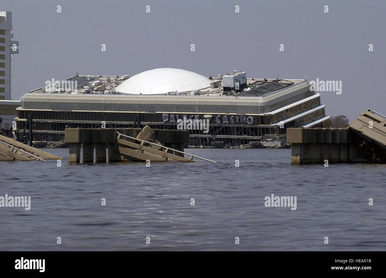 A view showing the damage to the riverboat Palace Casino located in Biloxi, Mississippi (MS), resulting from Hurricane Katrina after the category-4 hurricane battered the Gulf Coast with wind gusts in excess of 140 miles per hour, leaving millions of people without power, and hundreds of thousands homeless. Stock Photo