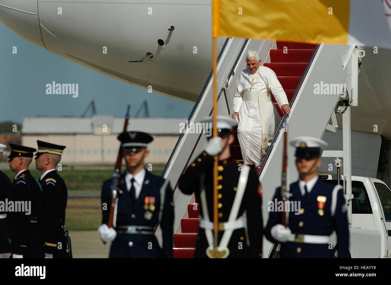 Pope Benedict XVI, hosted by the 316th Wing and the Air Force District of Washington, arrives at Andrews Air Force Base, Md., beginning his weeklong trip to the United States.  The Pontiff, selected as the 265th pope on April 19, 2005, will meet with President George W. Bush at the White House, address the presidents of Roman Catholic Colleges and Universities, and hold mass at the Nationals Park in Washing to D.C. and Yankee Stadium in New York City.   Tech Sgt. Suzanne M. Day)(Released) Stock Photo