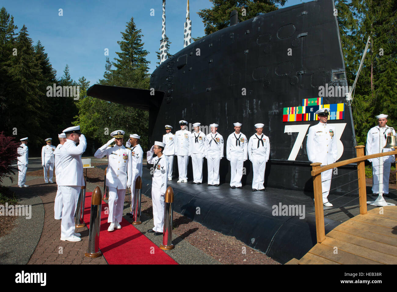 BANGOR, Wash. (Aug. 26, 2016) Capt. Michael Lewis, the 13th commanding officer of the Los Angeles-class fast-attack submarine USS Houston (SSN 713) and the keynote speaker for the event, arrives at Houston’s decommissioning ceremony at Naval Base Kitsap Bangor. Houston concluded 33 years of service as the fourth U.S. warship to be named after Houston, Texas. Mass Communication Specialist 1st Class Amanda R. Gray Stock Photo