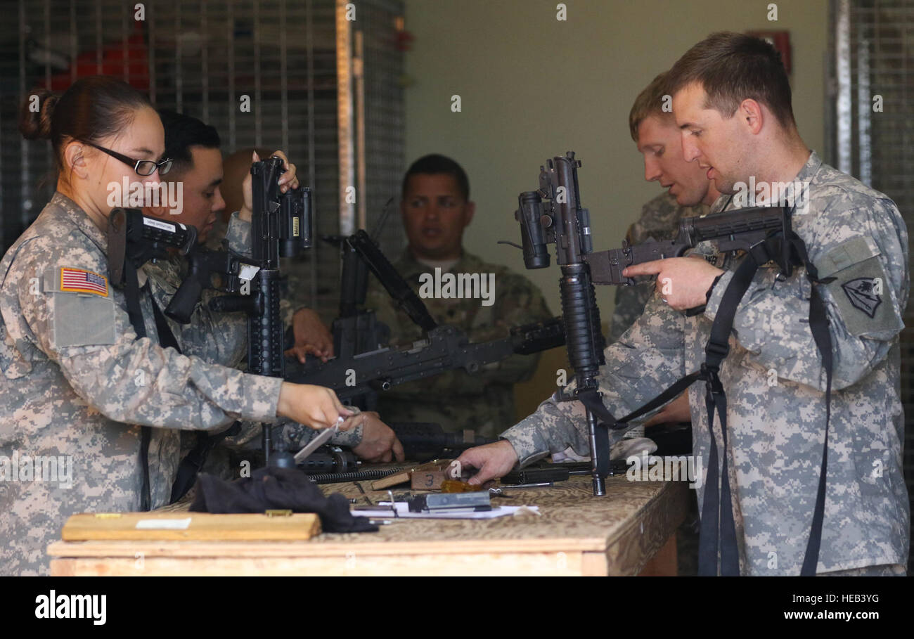 Small-arms repairers from the Alaska and Arizona Army National Guards inspect M4 carbines and M240 machine guns, June 22, at Fort Greely, Alaska, which is located approximately 100 miles southeast of Fairbanks, Alaska.  The Arizona Guard was invited to Alaska to assist in weapons and night vision optics inspections for the Alaska National Guard’s 49th Missile Defense Battalion. (Arizona Army National Guard  Staff Sgt. Brian A. Barbour) Stock Photo