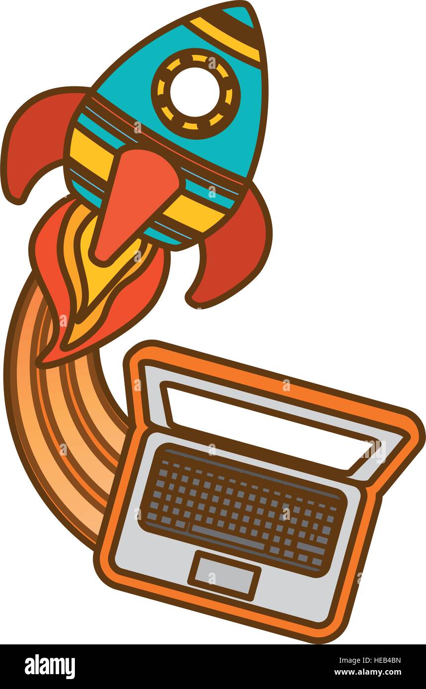 laptop computer with rocket launching icon over white background. start ...