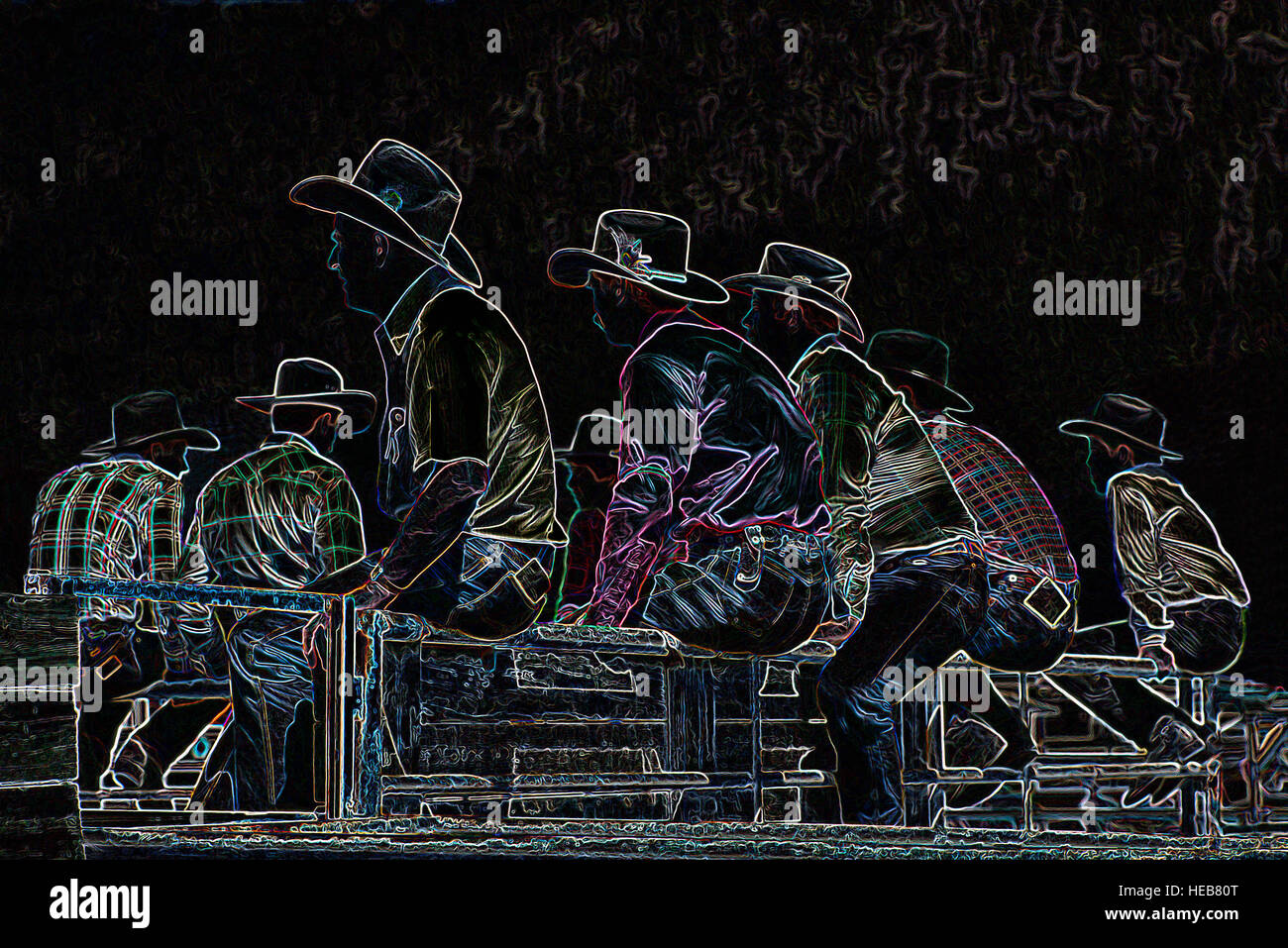 Cowboys sitting on Fence at Rodeo - Digitally Manipulated Image with Glowing Edges, Abstract Cowboy and Rodeos Stock Photo