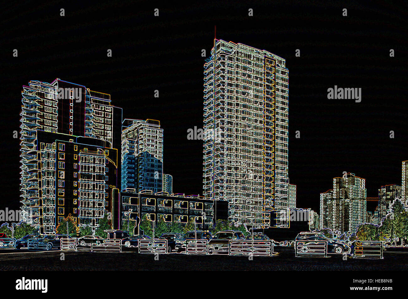 Highrise Buildings - Digitally Manipulated Image with Glowing Edges, Abstract Cityscape and Architecture on a Black Background Stock Photo