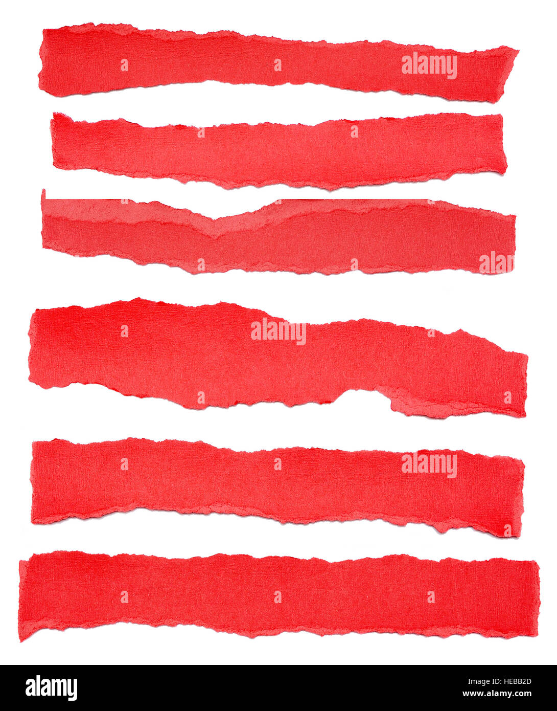 Collection of red paper tears, isolated on white with soft shadows. Stock Photo