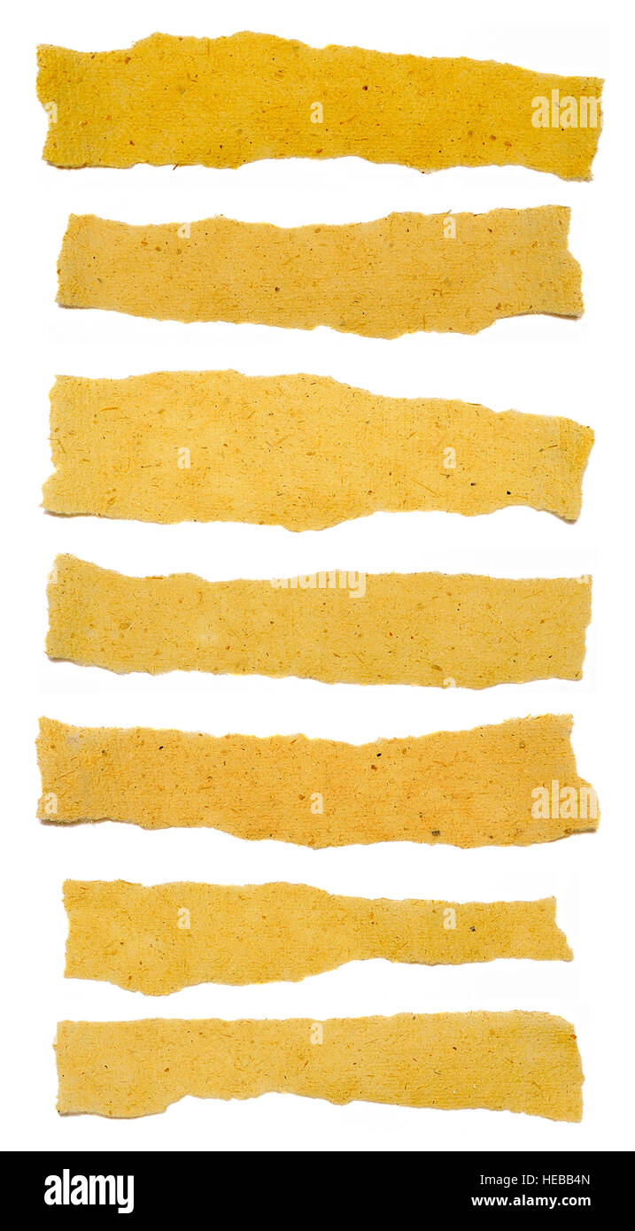 Collection of brown texture paper tears, isolated on white with soft shadows. Stock Photo