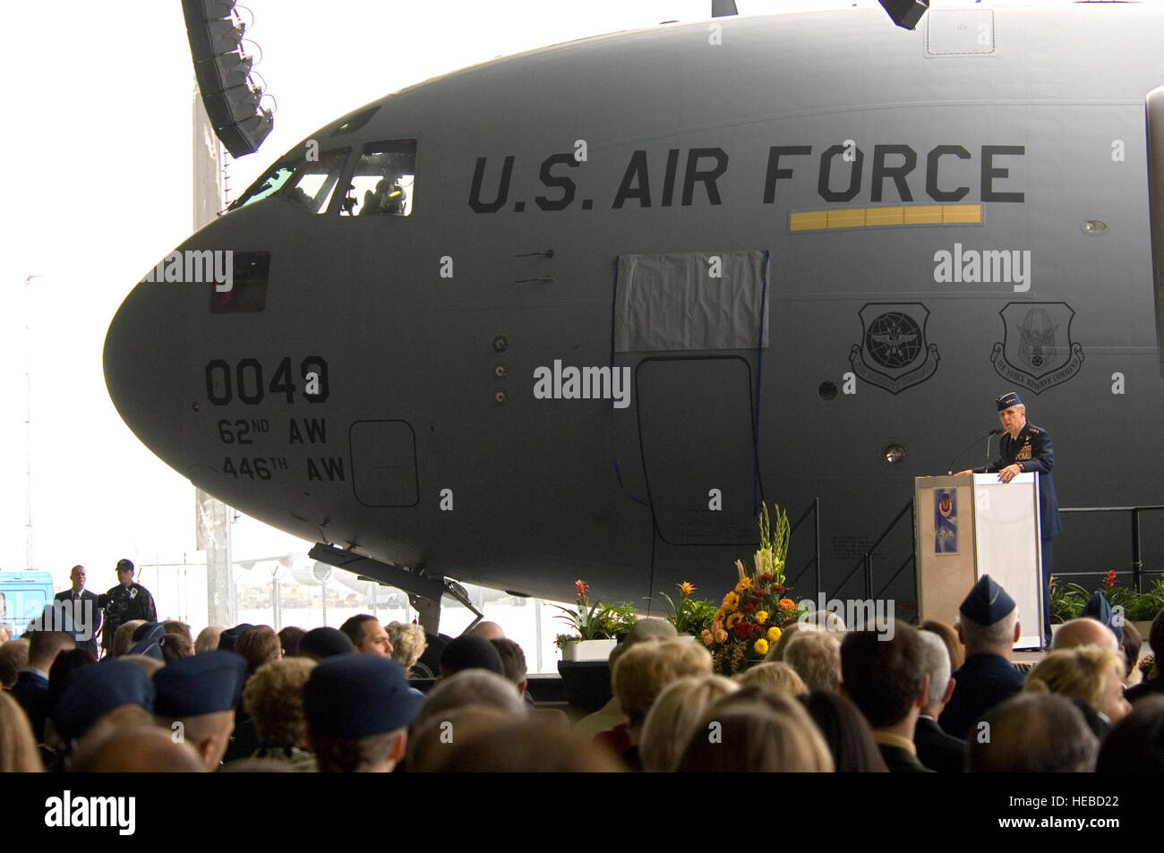 RHEIN-MAIN AIR BASE, Germany -- Gen. Robert H. 'Doc' Foglesong, U.S. Air Forces in Europe commander, speaks at the ceremonial closing of this longtime airlift base.  The ceremony was Oct. 10 and closed the Air Force's 'Gateway to Europe' after 60 years of service. The Air Force will turn the base over to the Frankfurt Airport Authority in December. (U.S. Air Force photo by Master Sgt. John E. Lasky) Stock Photo