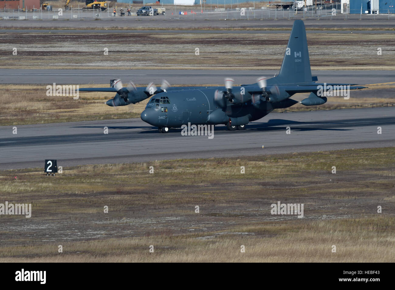 A Royal Canadian Air Force CC-130 Hercules from the 435 Transport and Rescue Squadron takes off during from 5 Wing Goose Bay, Newfoundland and Labrador, Canada, Oct. 22, 2014, to provide air-to-air refuelling during Vigilant Shield 15.  Vigilant Shield field training exercise is a bi-national NORAD Command exercise which provides realistic training and practice for American and Canadian forces in support of respective national strategy for North America’s defense. NORAD ensures U.S. and Canadian air sovereignty through a network of alert fighters, tankers, airborne early warning aircraft, and  Stock Photo