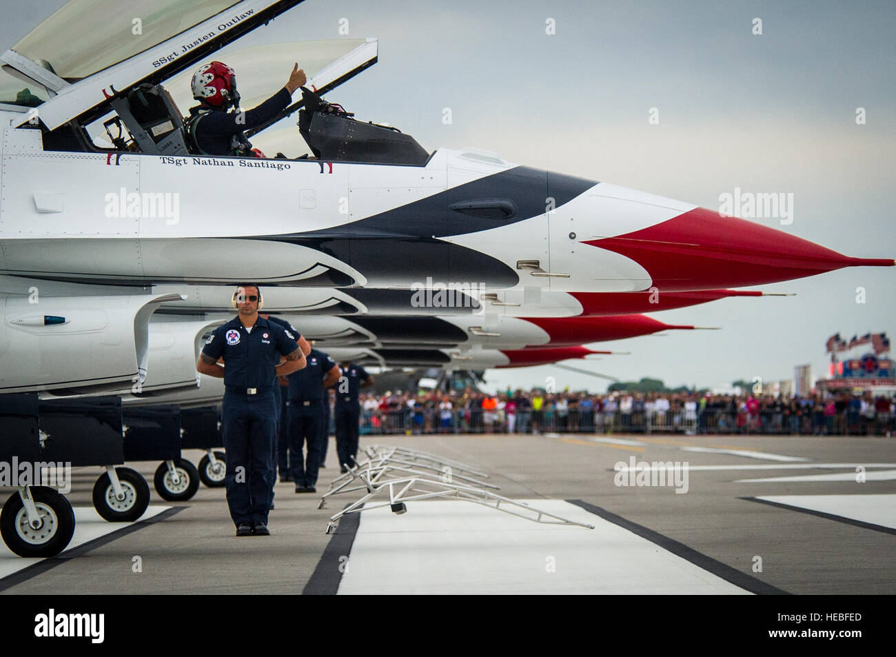 Lt. Col. Greg Moseley, Thunderbird 1, signals the line chief that the