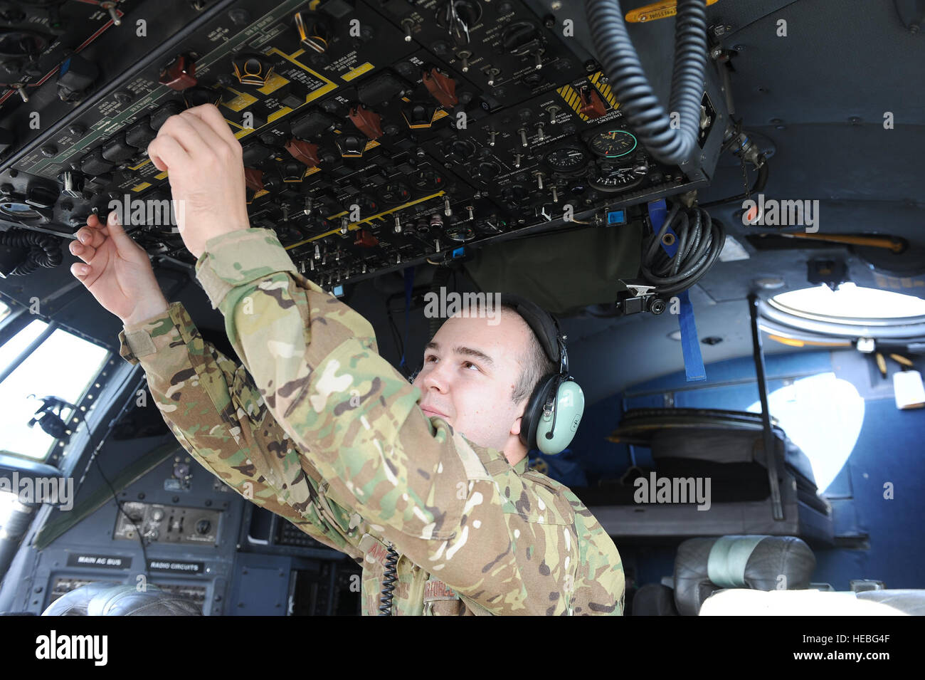 Airman 1st Class Michael Amerson is a C-130H flight engineer deployed to the 737th Expeditionary Airlift Squadron, undisclosed location, Southwest Asia. This is his first deployment and he is enjoying learning new things about how the aircraft is operated in a desert environment compared to his home station, the 144th Airlift Squadron at Joint base Elmendorf-Richardson, Alaska. Amerson, a native of Eagle River, Alaska, has been chosen by his leadership as this week's Rock Solid Warrior. (U.S. Air Force photo by Master Sgt. Marelise Wood) Stock Photo