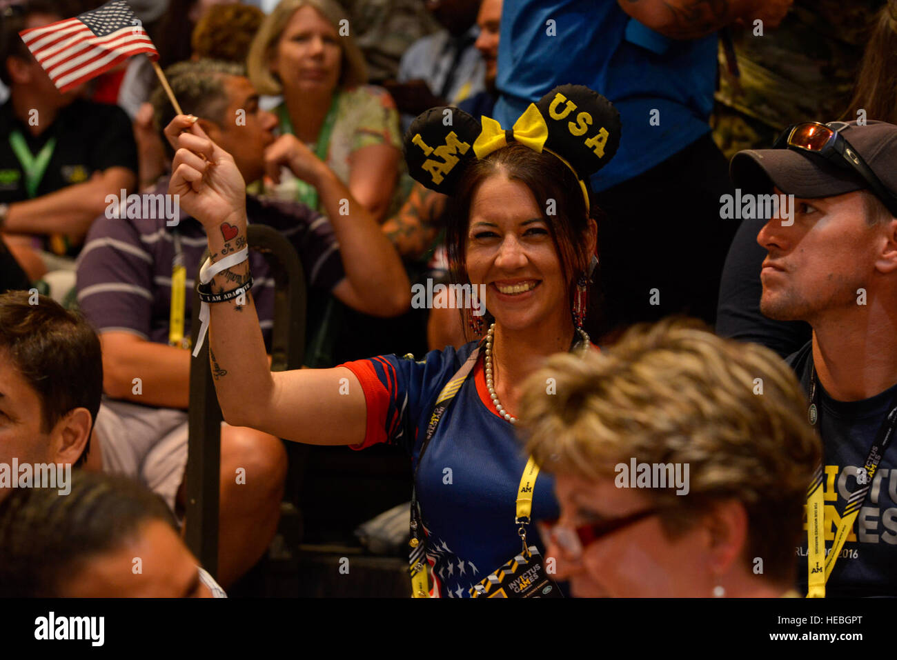 160511-F-WU507-154: Fans cheer on their teams during the US versus Denmark wheel chair basketball gold metal match at the 2016 Invictus Games, at the ESPN Wide World of Sports complex at Walt Disney World, Orlando, Fla., May 11, 2016. The US beat Denmark 28-19, and took gold; Denmark took silver and the bronze went to the UK, who beat Australia 47-4. (U.S. Air Force photo by Senior Master Sgt. Kevin Wallace/RELEASED) Stock Photo