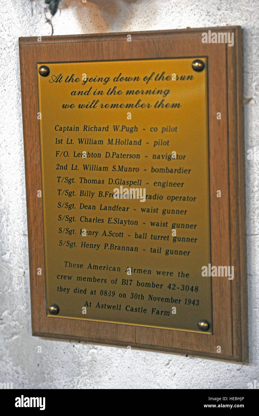 A plaque hangs on the wall inside the Parish Church of St. Mary Magdalene in memorial to a B-17 air crew killed when their plane crashed at Astwell Castle Farms in 1943. Members of the 422nd Air Base Group and local villages held a memorial service in the Parish Church of St. Mary Magdalene in Helmdon Nov. 2 to honor the airmen killed. (U.S. Air Force photo by Staff Sgt. Brian Stives) Stock Photo