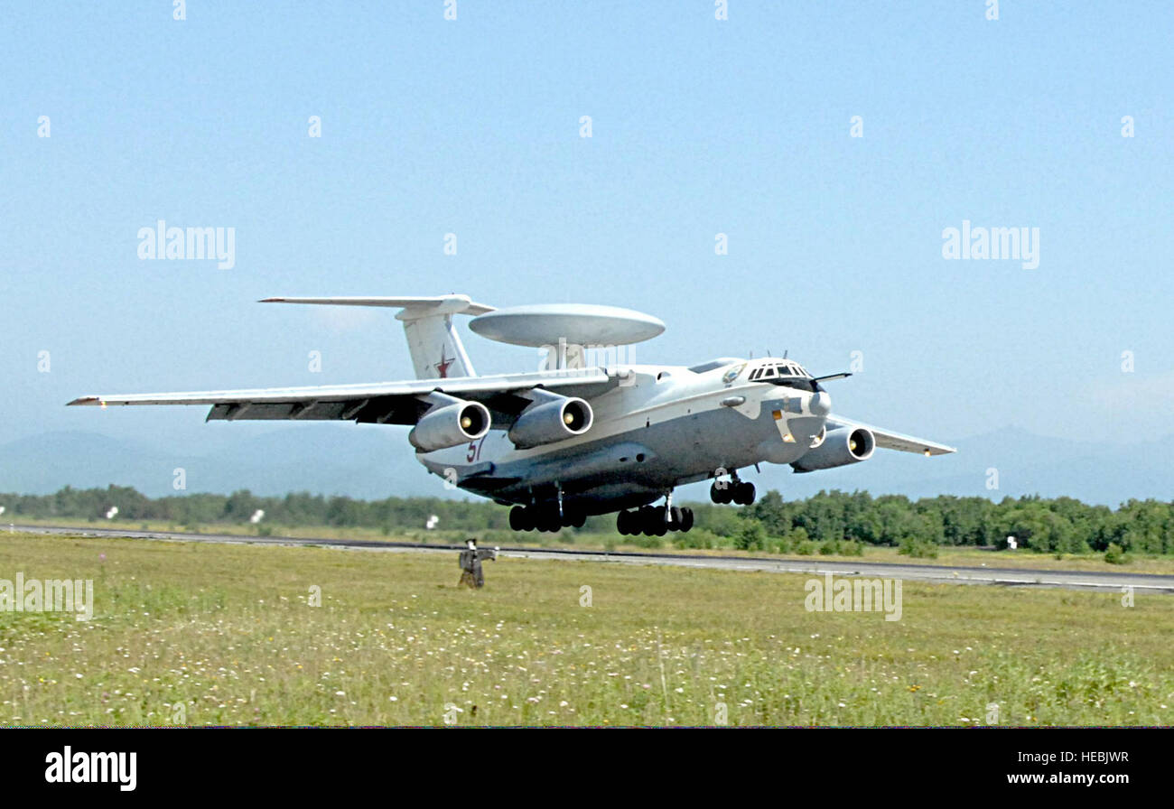 A Russian air force A-50 Shmel airborne warning and control aircraft takes off to participate in exercise Vigilant Eagle in Petropavlovsk-Kamchatsky, Russia, Aug. 8, 2011. Vigilant Eagle is an annual joint anti-terrorism exercise between the Russian air force, the Federal Aviation Administration and the North American Aerospace Defense Command that trains personnel to respond to an air terrorism threat that crosses international boundaries. (U.S. Air Force photo by Tech. Sgt. Thomas Doscher/Released) Stock Photo