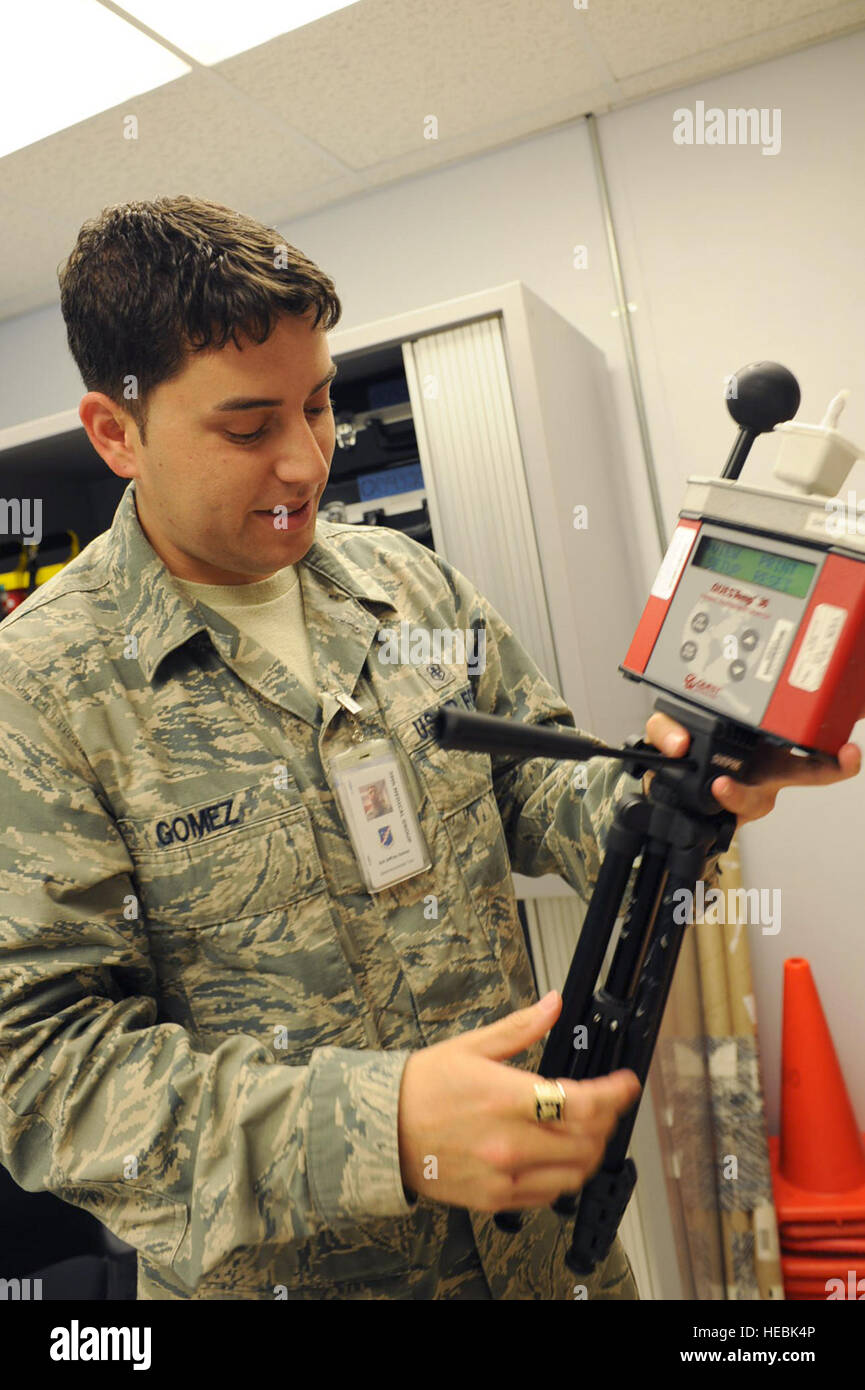 Senior Airman Jeffrey Gomez, 39th Medical Operations Squadron bioenvironmental journeyman, prepares to conduct a Wet Bulb Globe Temperature test at the 39th Medical Group, May 7, 2014, Incirlik Air Base, Turkey. The WBGT calculates solar load, humidity, and shaded area temperatures. (U.S. Air force photo by Staff Sgt. Eboni Reams/Released) Stock Photo