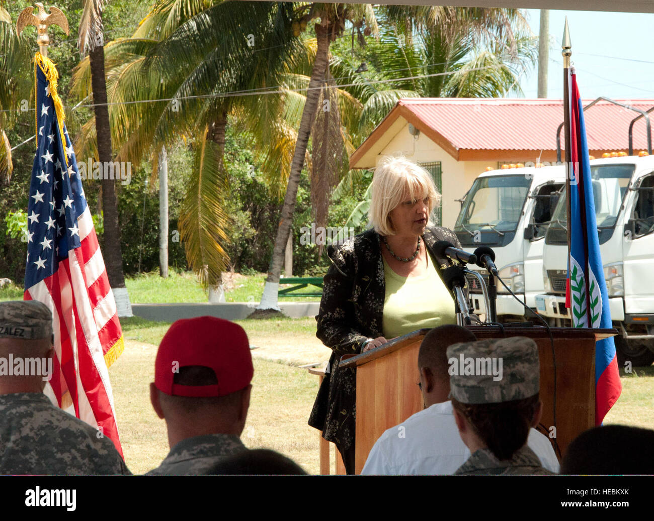 Margaret Hawthorne, charg?? d'affaires at the U.S. embassy in Belize, speaks during the New Horizons Belize 2014 opening ceremonies April 10, 2014, at the Edward P. Yorke school in Belize City, Belize. New Horizons is a multifaceted, international exercise comprising Belize Defence Force and U.S. military civil engineers constructing four school facilities and one medical care facility, and it also encompasses numerous medical readiness training exercises throughout the country. Opening ceremonies included presentations by each of the four schools receiving new facilities, as well as speeches  Stock Photo